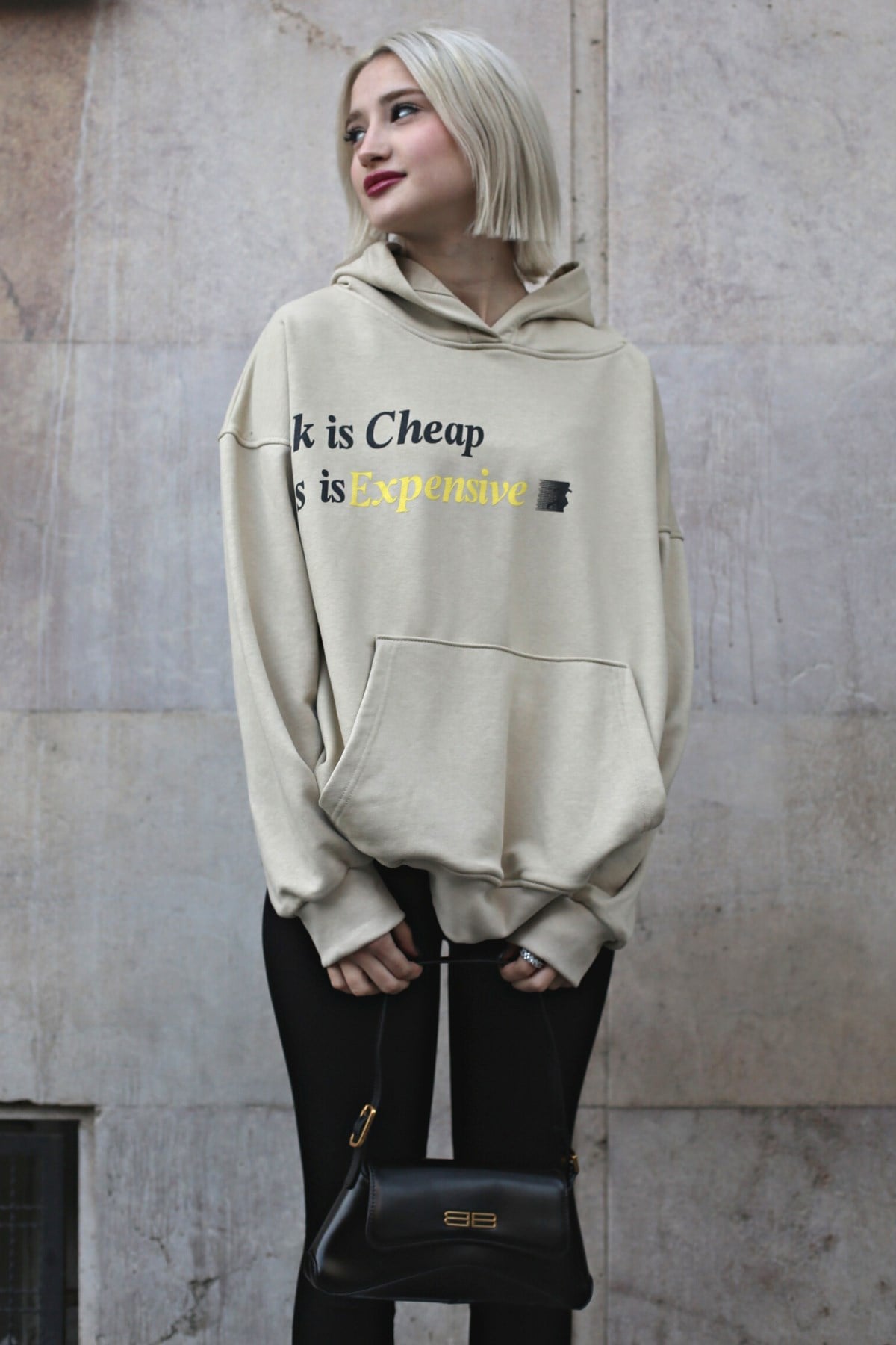 Bej Baskılı Oversize  Kapüşonlu Sweatshirt MG1573