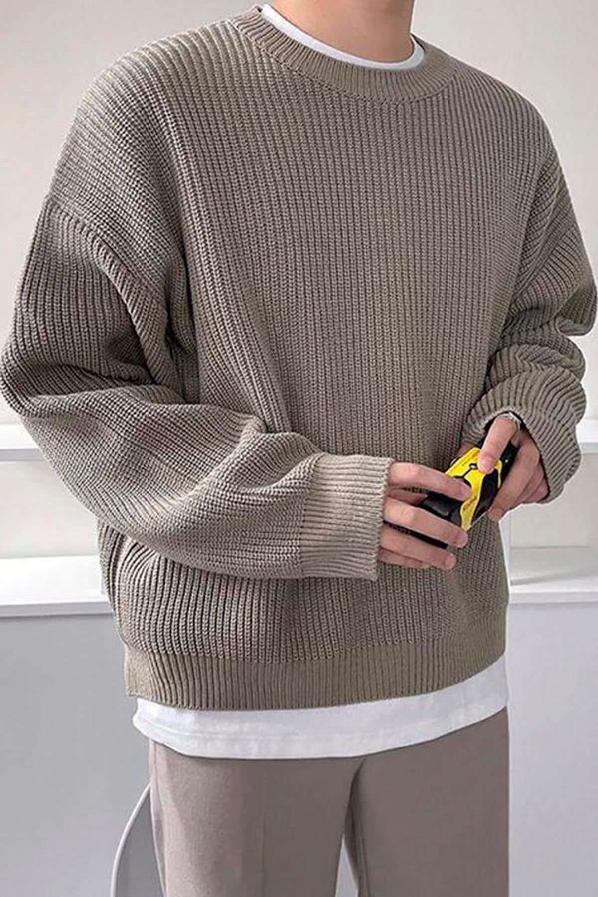 Bej Bisiklet Yaka Oversize Erkek Kazak 6374