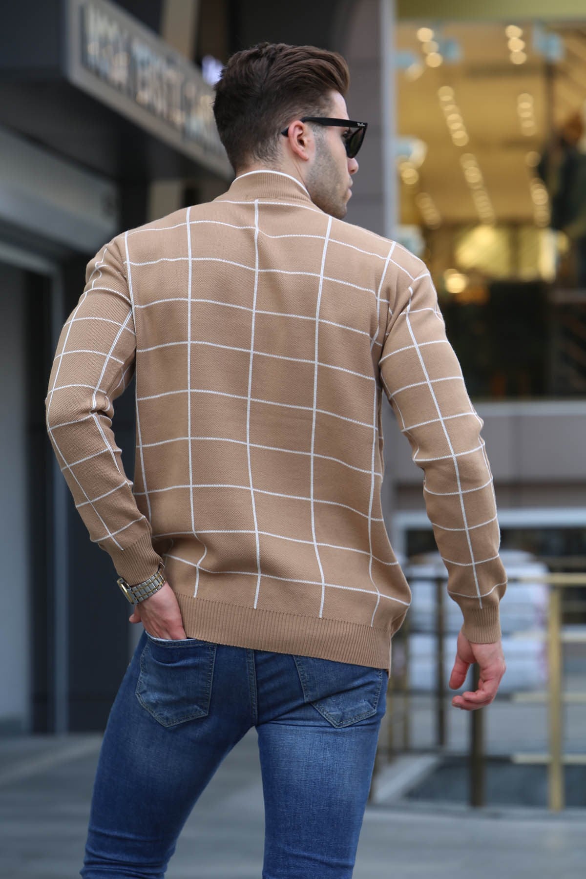 Bej  Ekose Desenli Triko Kazak 5796