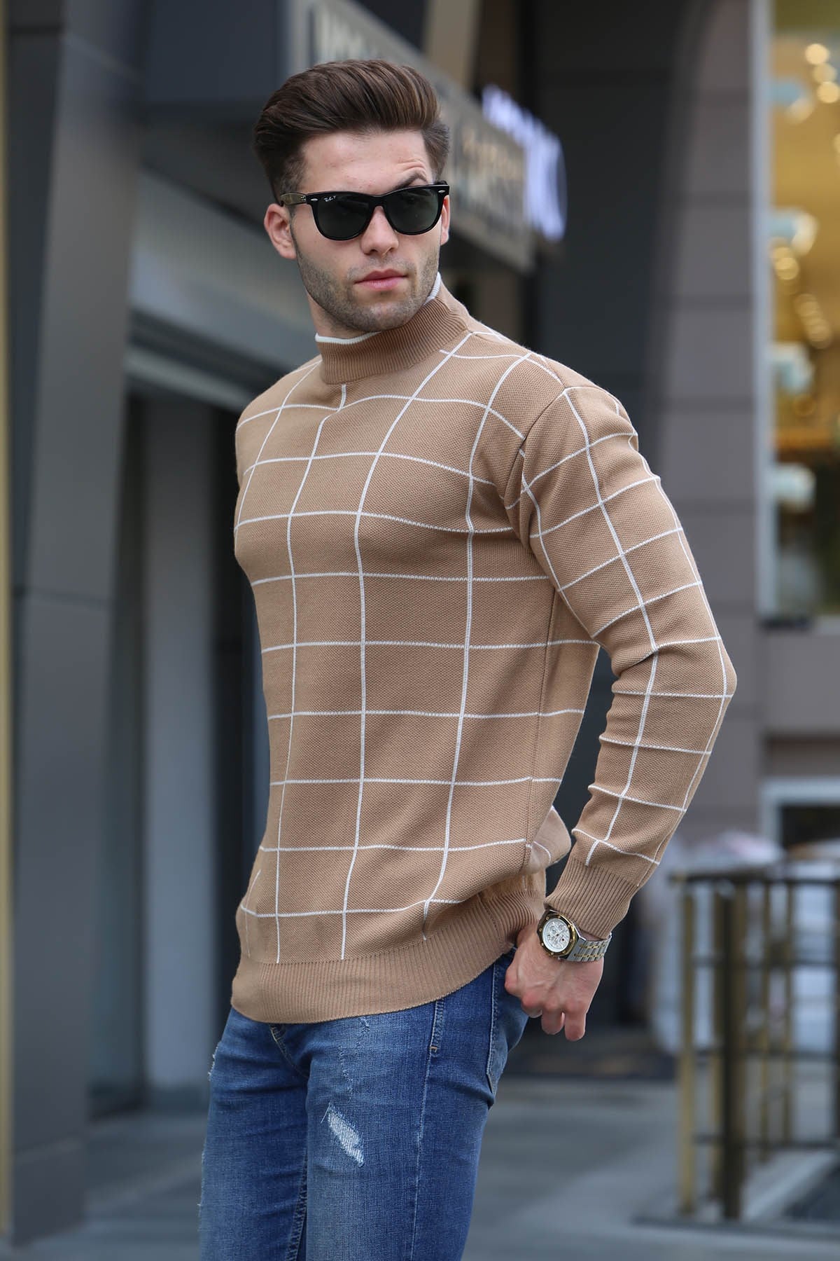 Bej  Ekose Desenli Triko Kazak 5796
