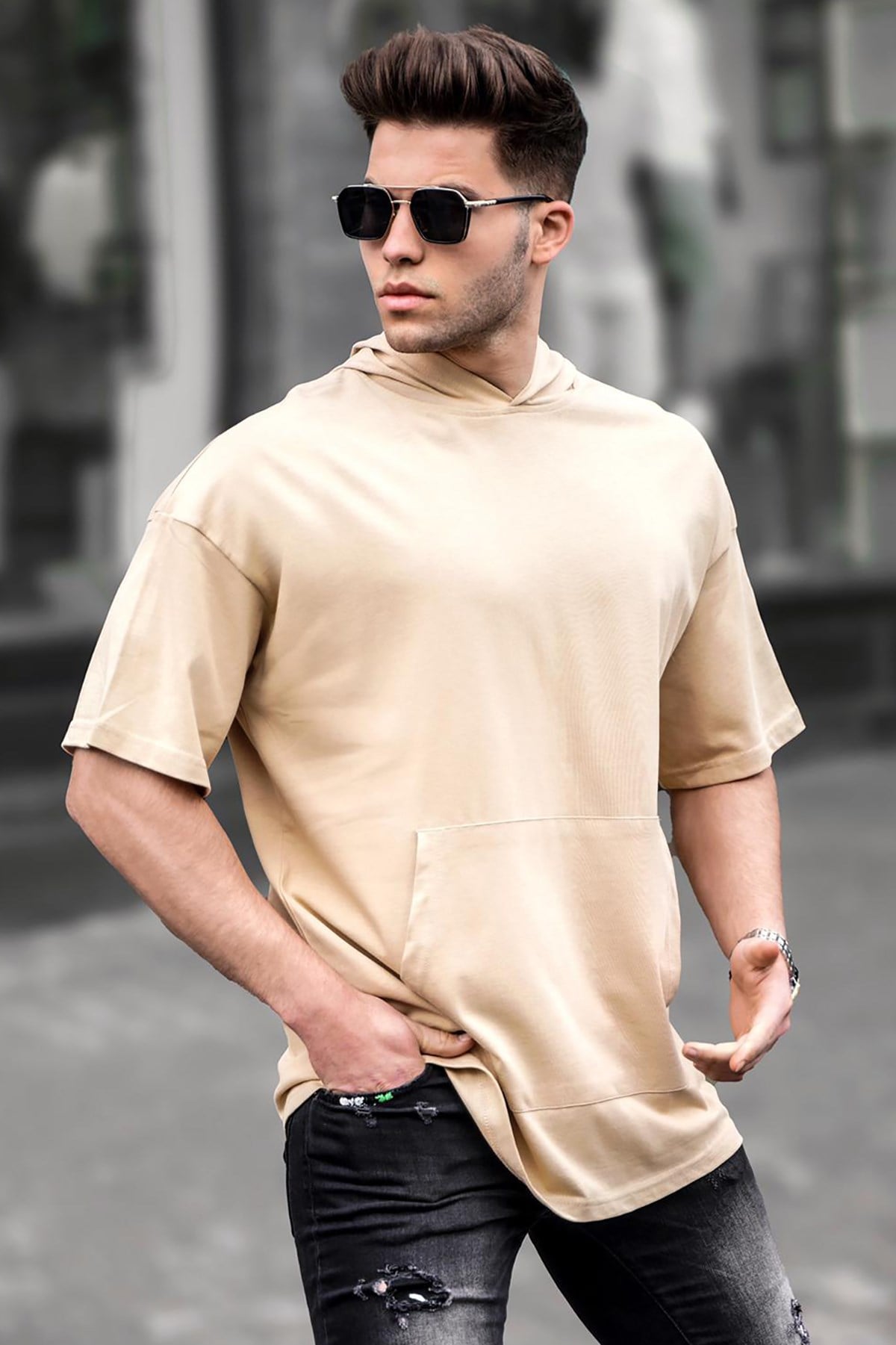 Bej Erkek Kapüşonlu Oversize Basic Tişört 5853