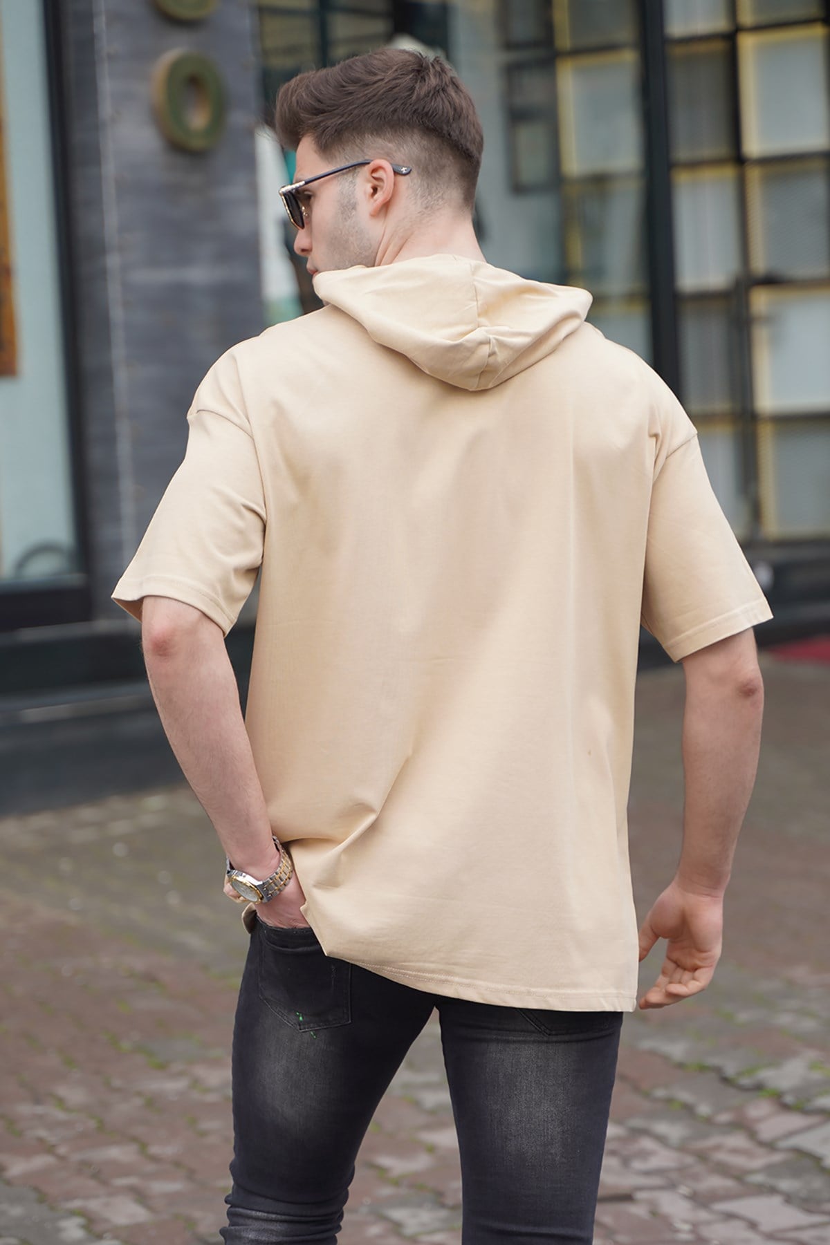 Bej Erkek Kapüşonlu Oversize Basic Tişört 5853