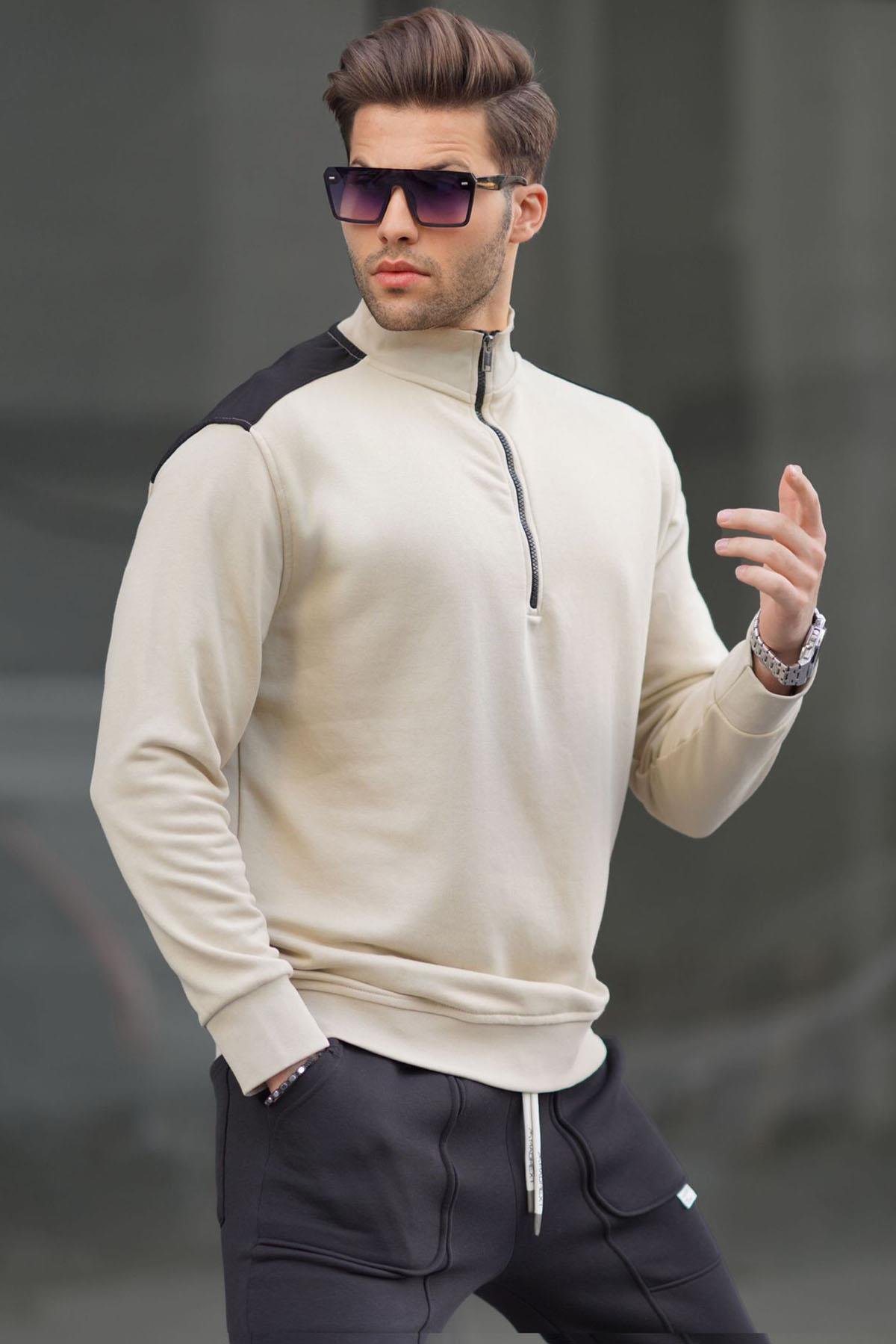 Bej Fermuar Yaka Basic Erkek Sweatshirt 6157