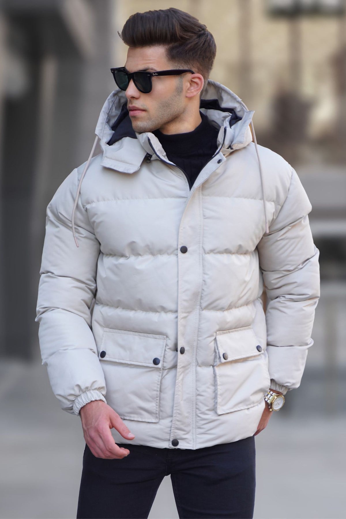 Bej Kapşonlu Basic Şişme Mont 5702