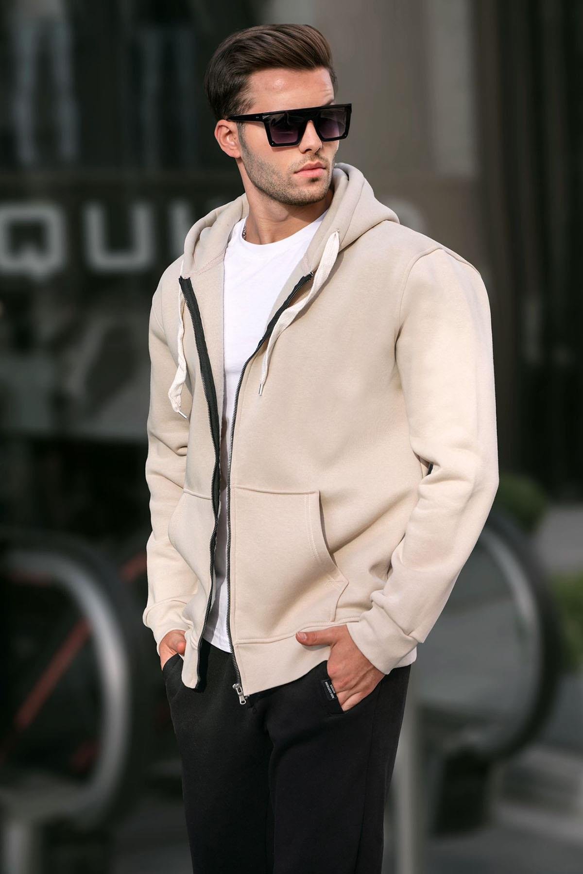 Bej Kapüşonlu Regular Fit Erkek Sweatshirt 6140