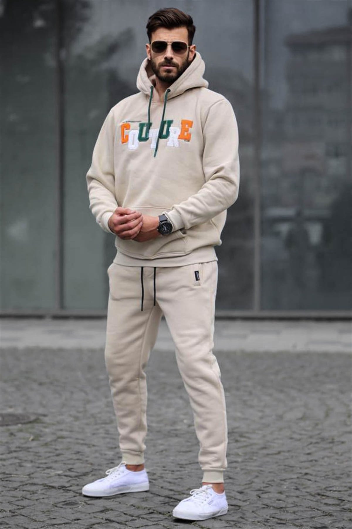 Bej Nakışlı Sweatshirt Jogger Eşofman Takımı 5912