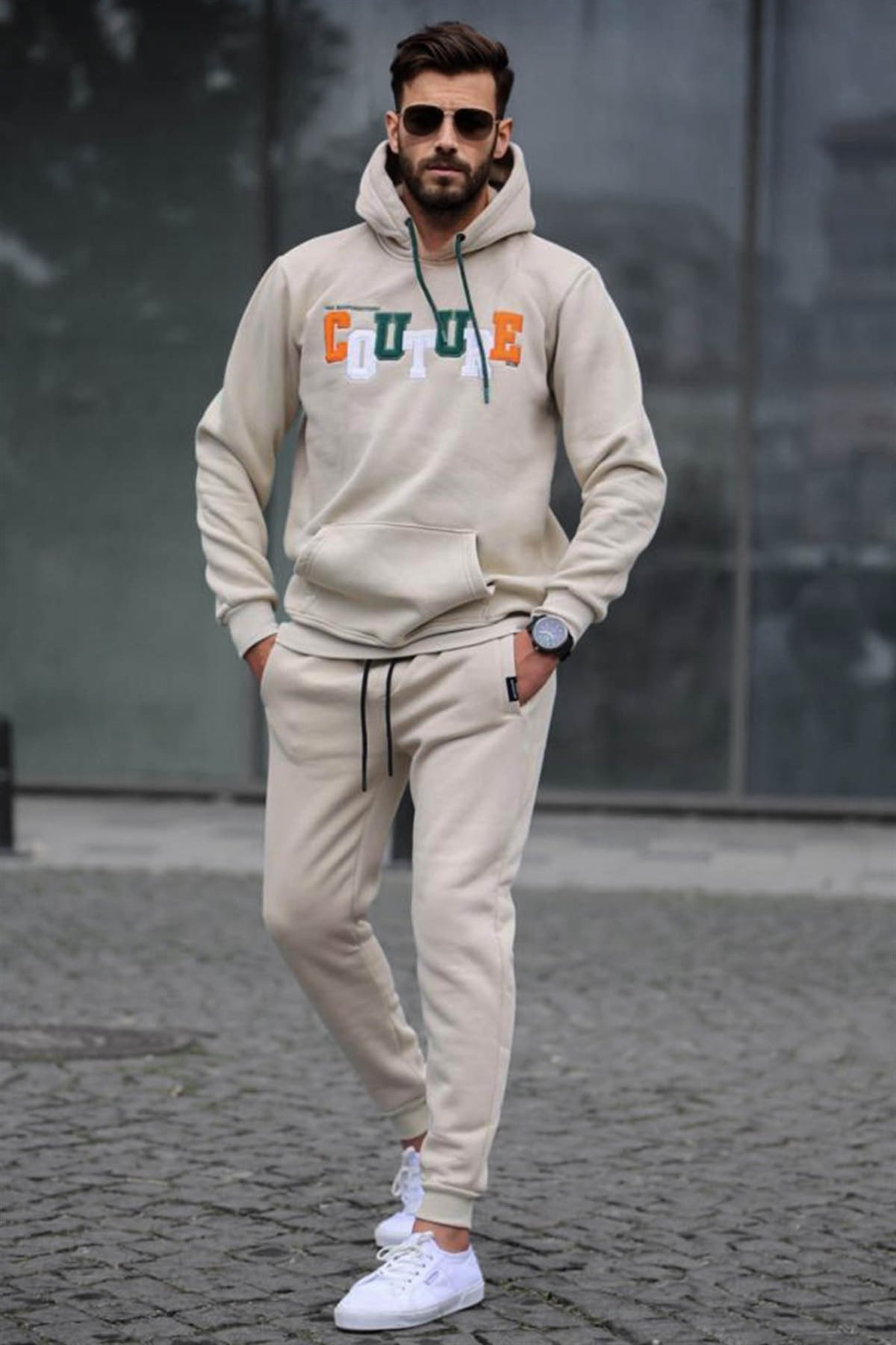 Bej Nakışlı Sweatshirt Jogger Eşofman Takımı 5912