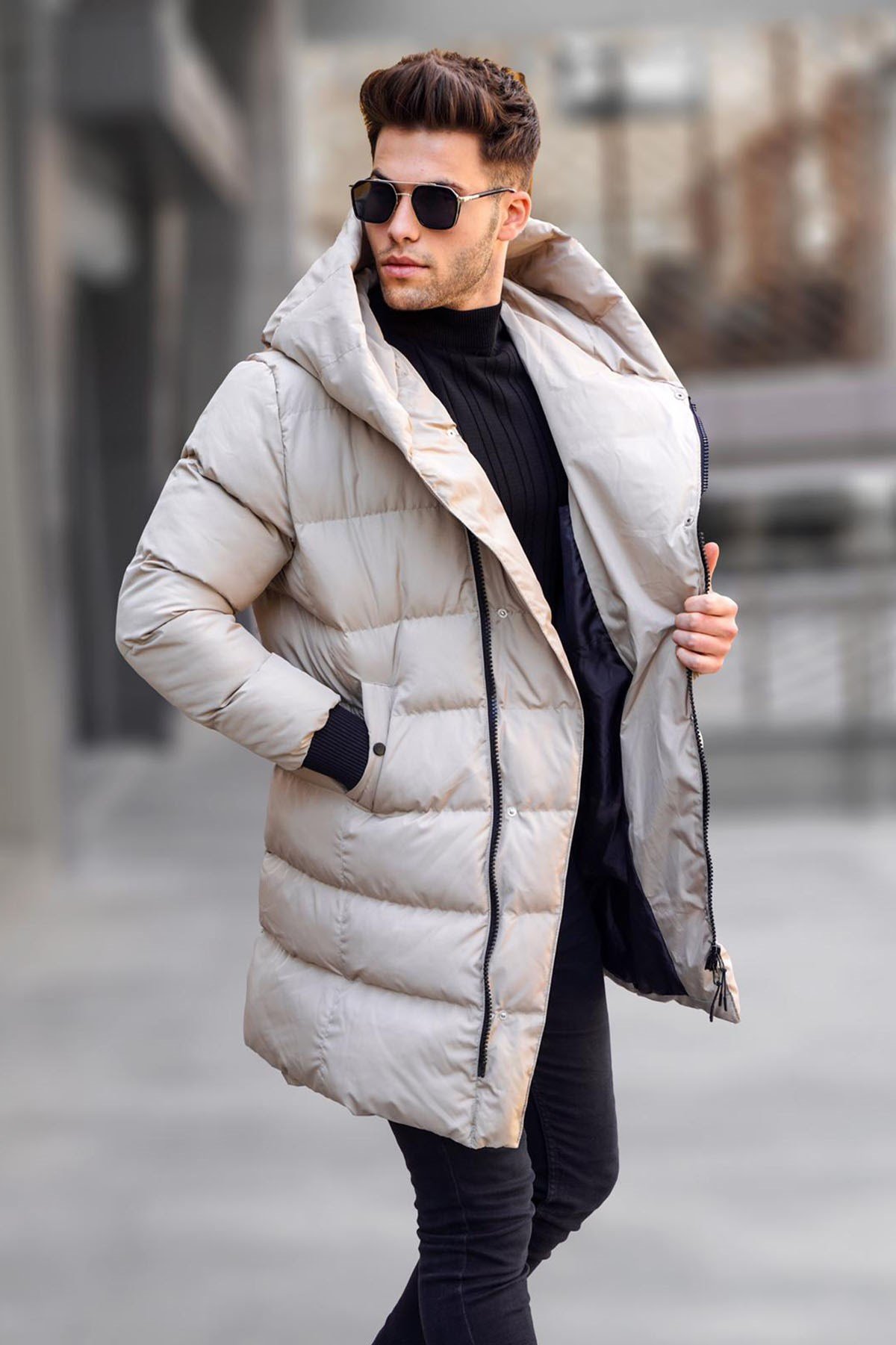Beige Hoodie Long Puffer Jacket -- Madmext