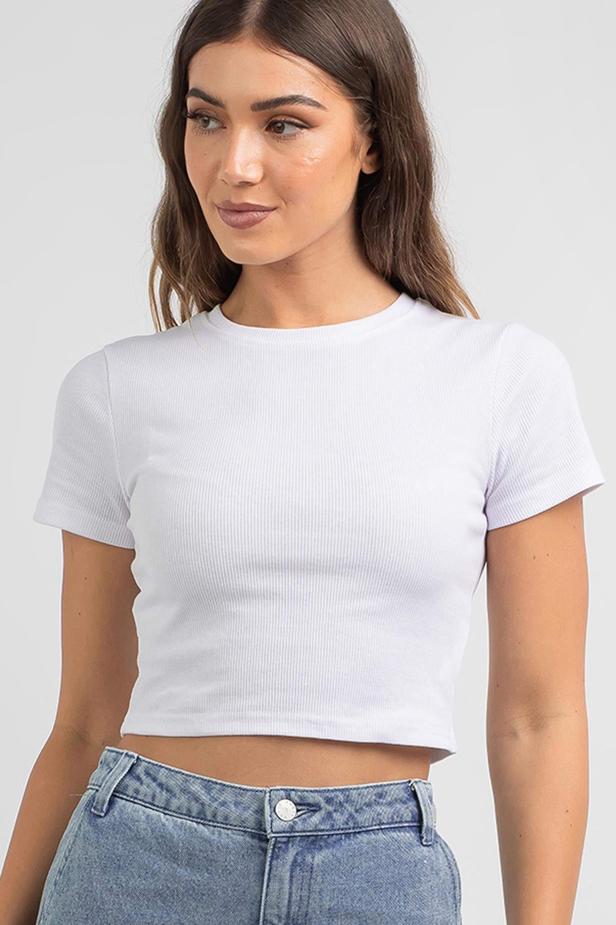 Beyaz Basic Crop Kadın Tişört MG1772