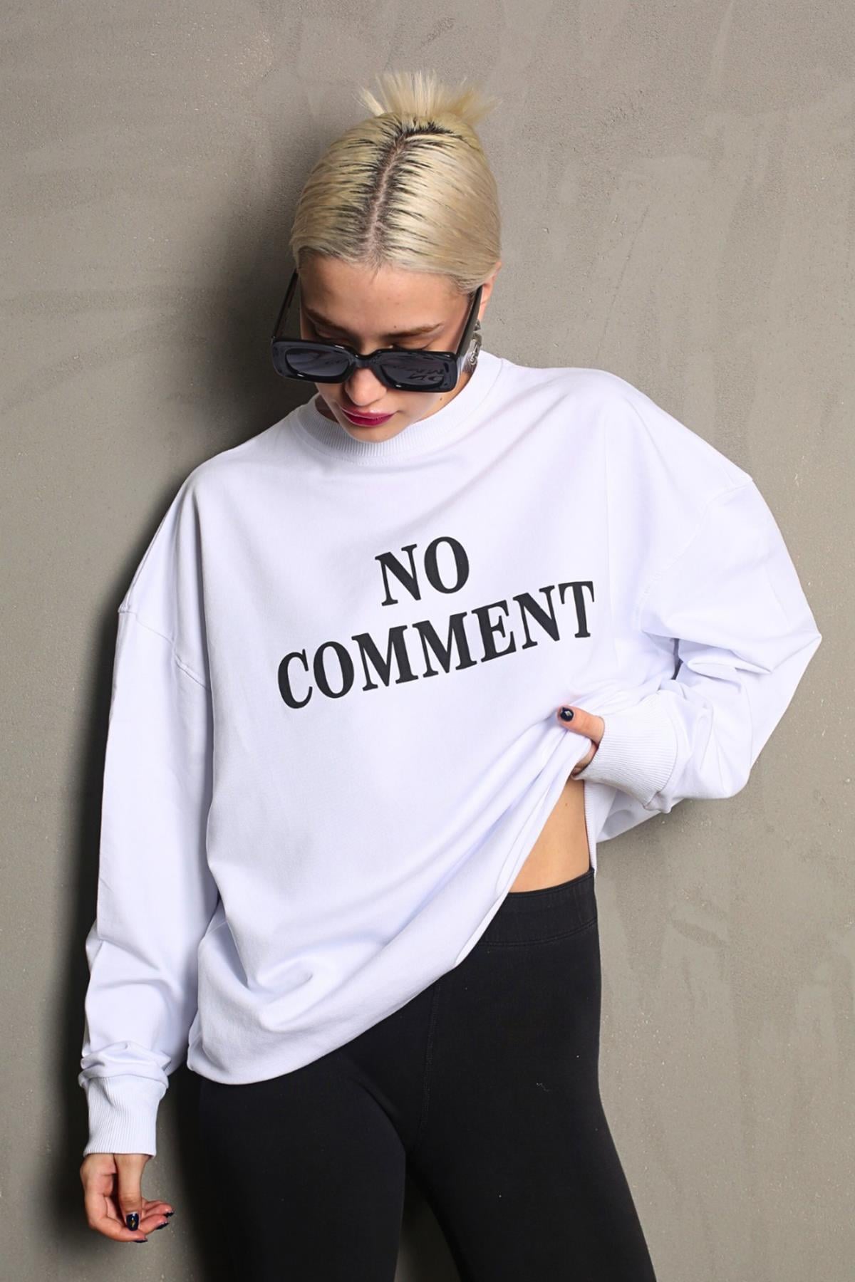 Beyaz Bisiklet Yaka Baskılı Oversize Kadın Sweatshirt MG1902