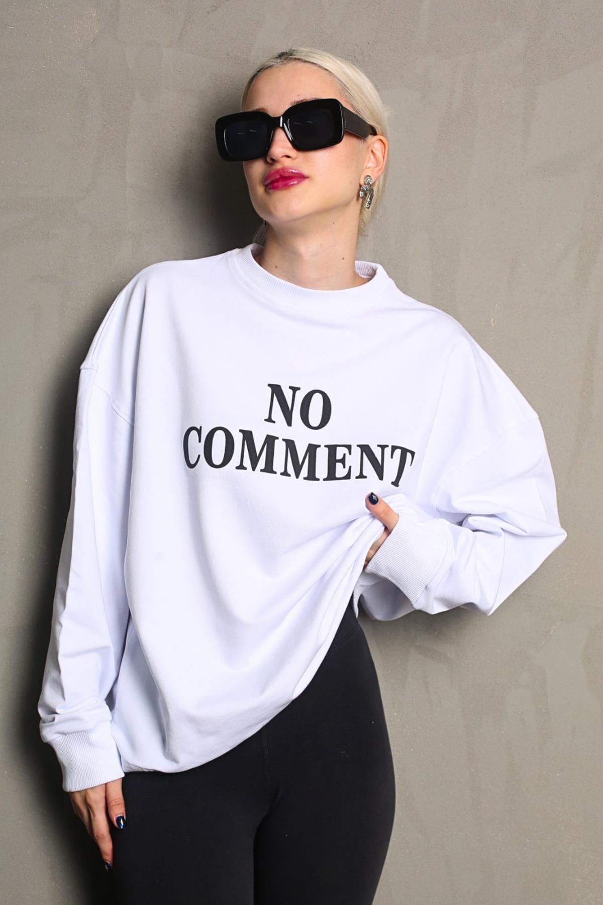 Beyaz Bisiklet Yaka Baskılı Oversize Kadın Sweatshirt MG1902