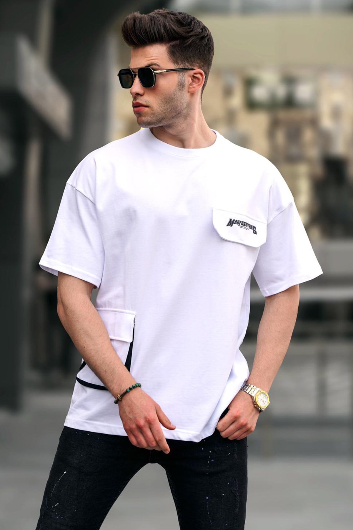 Beyaz Cepli Oversize Tişört 5833