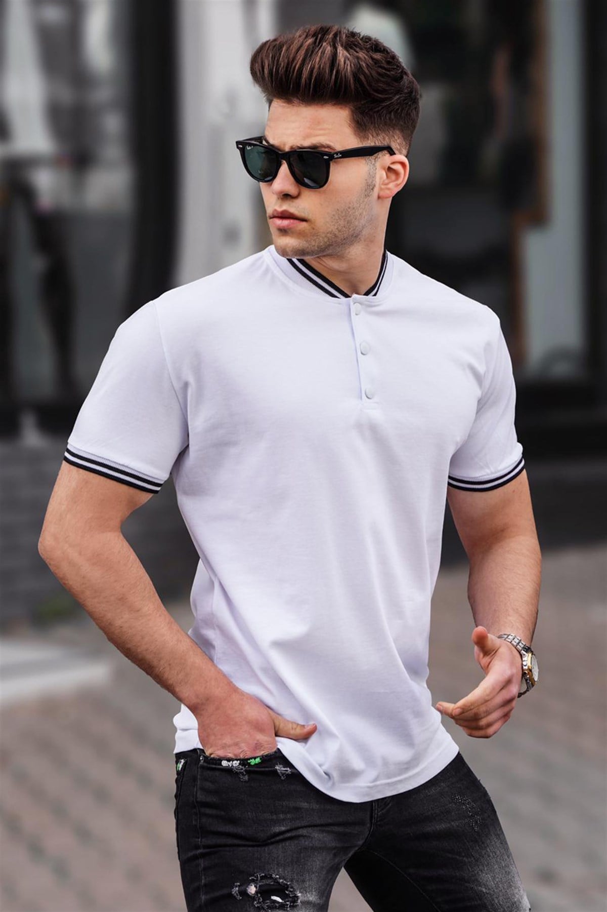 Men White Polo T-Shirt -- Madmext Men White Polo T-Shirt -- Madmext