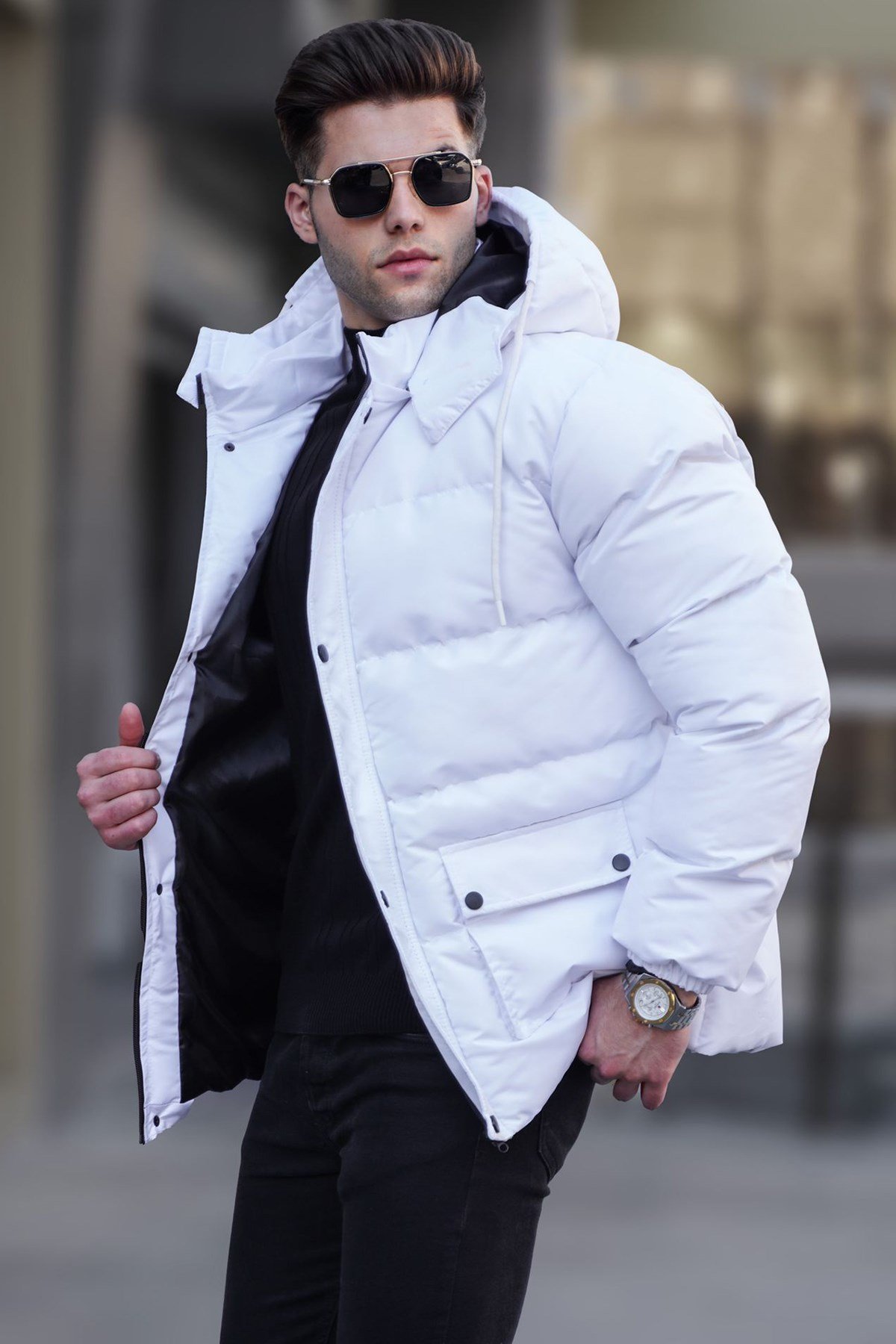 White Hoodie Basic Puffer Jacket -- Madmext