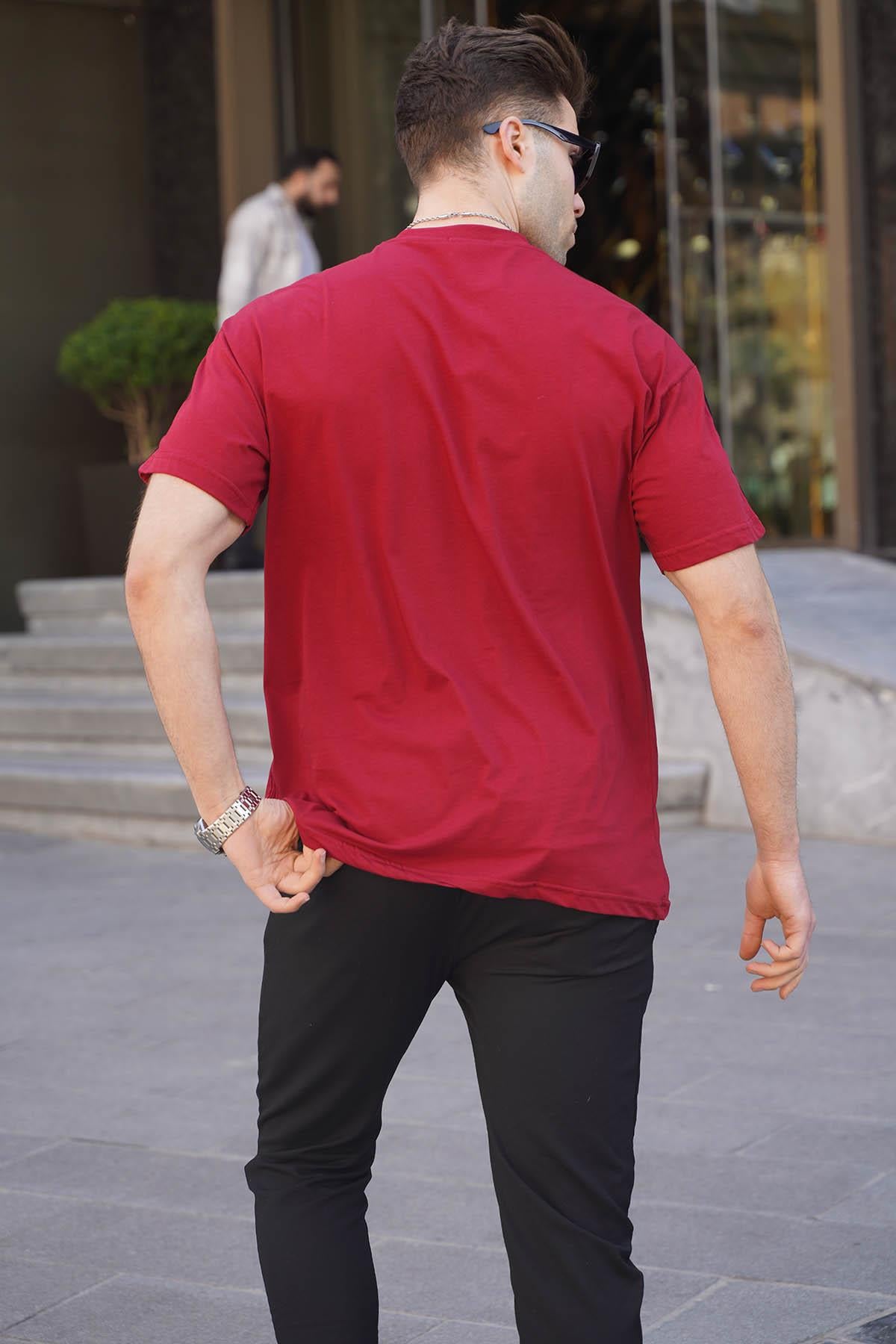 Bordo Baskılı Over Fit Erkek Tişört 6111