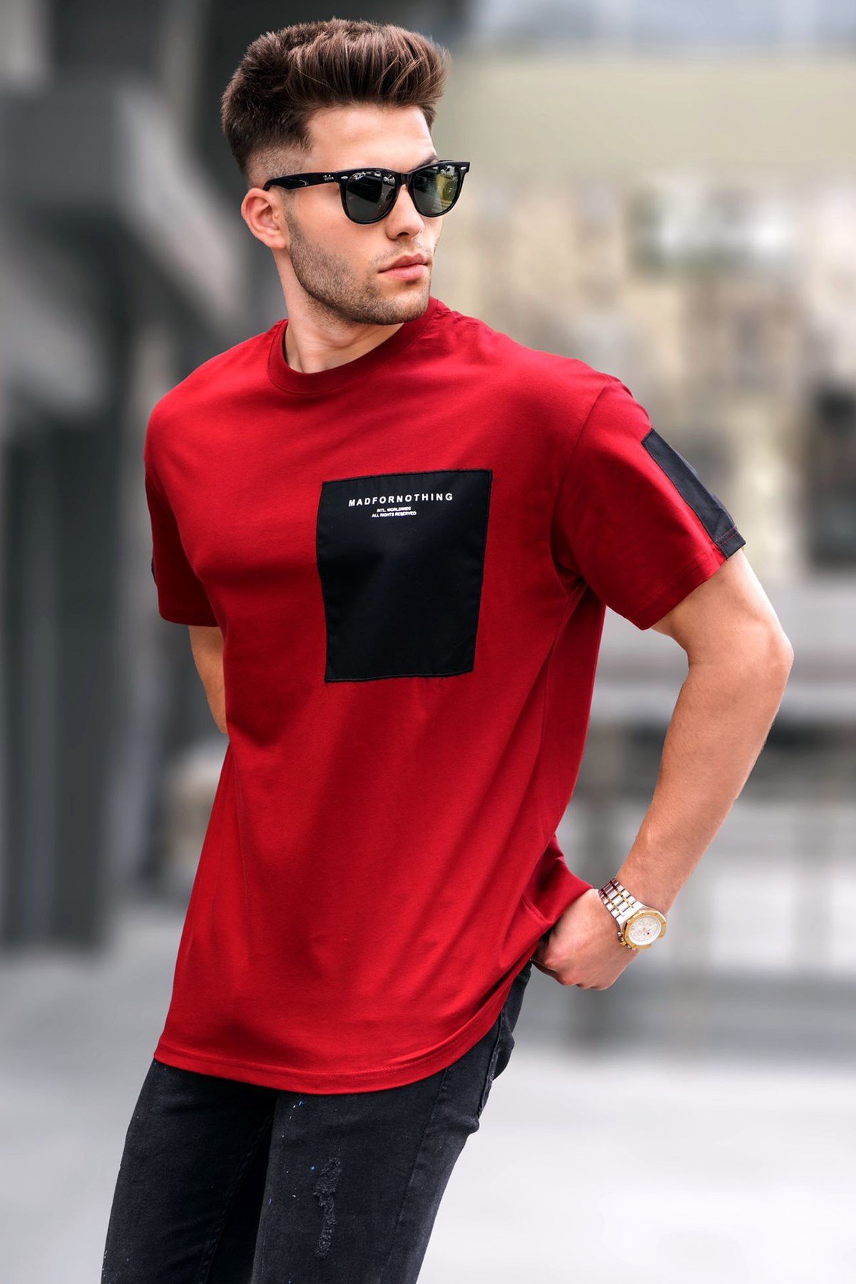 Bordo Cep Detaylı Basic Erkek Tişört