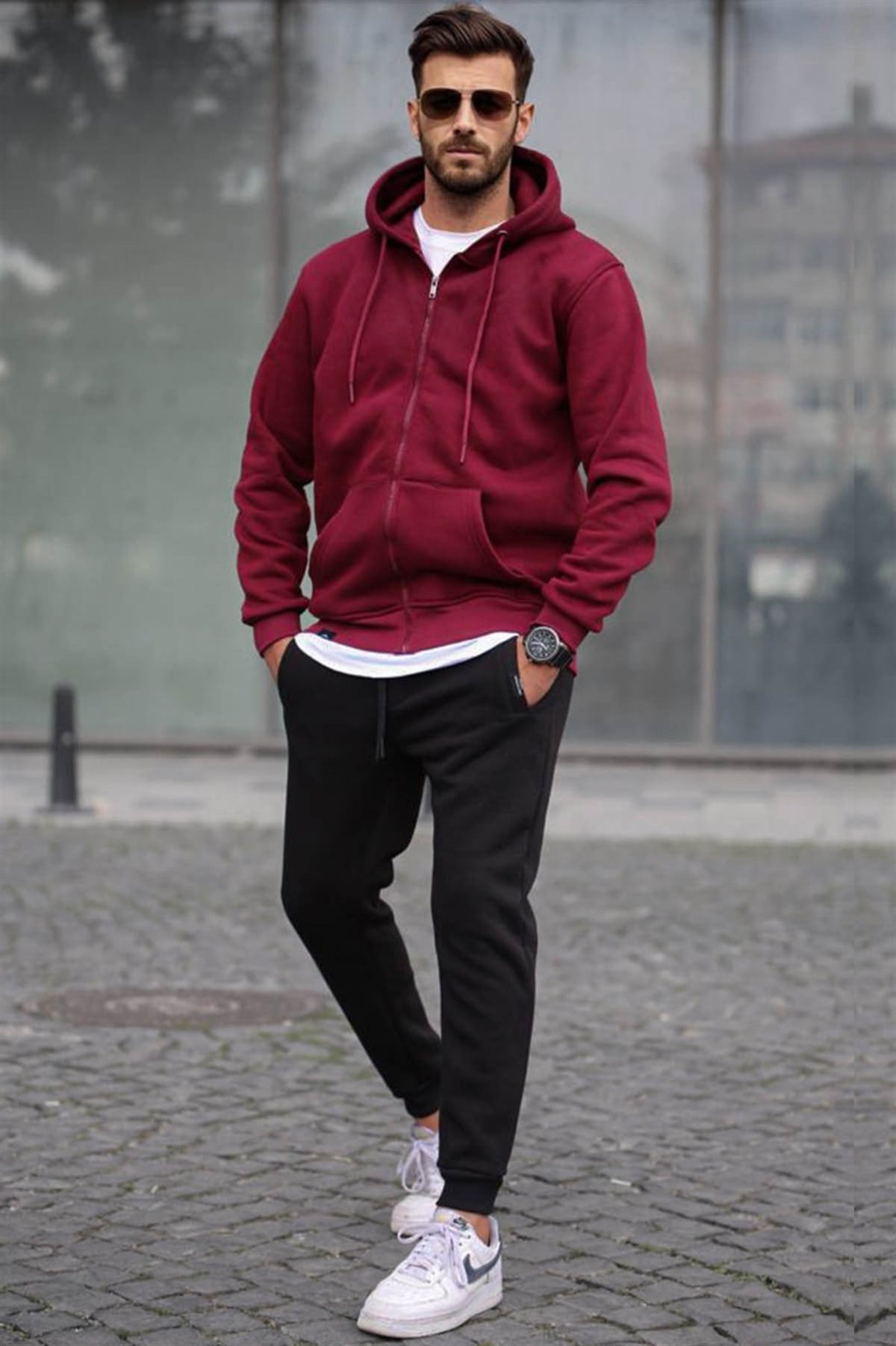 Bordo-Siyah Fermuarlı Comfort Fit Erkek Eşofman Takımı 5911