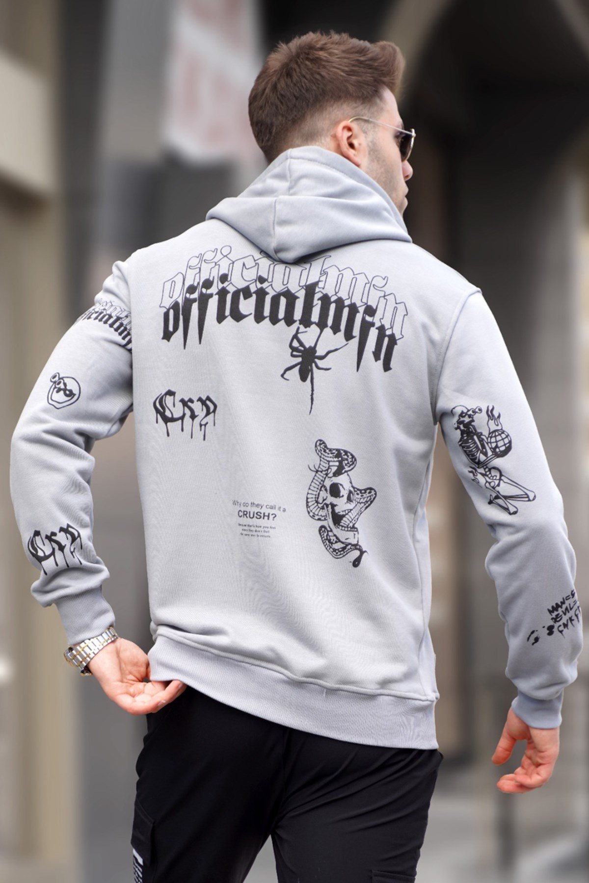 Boyalı Gri Baskılı Kapüşonlu Sweatshirt 5895