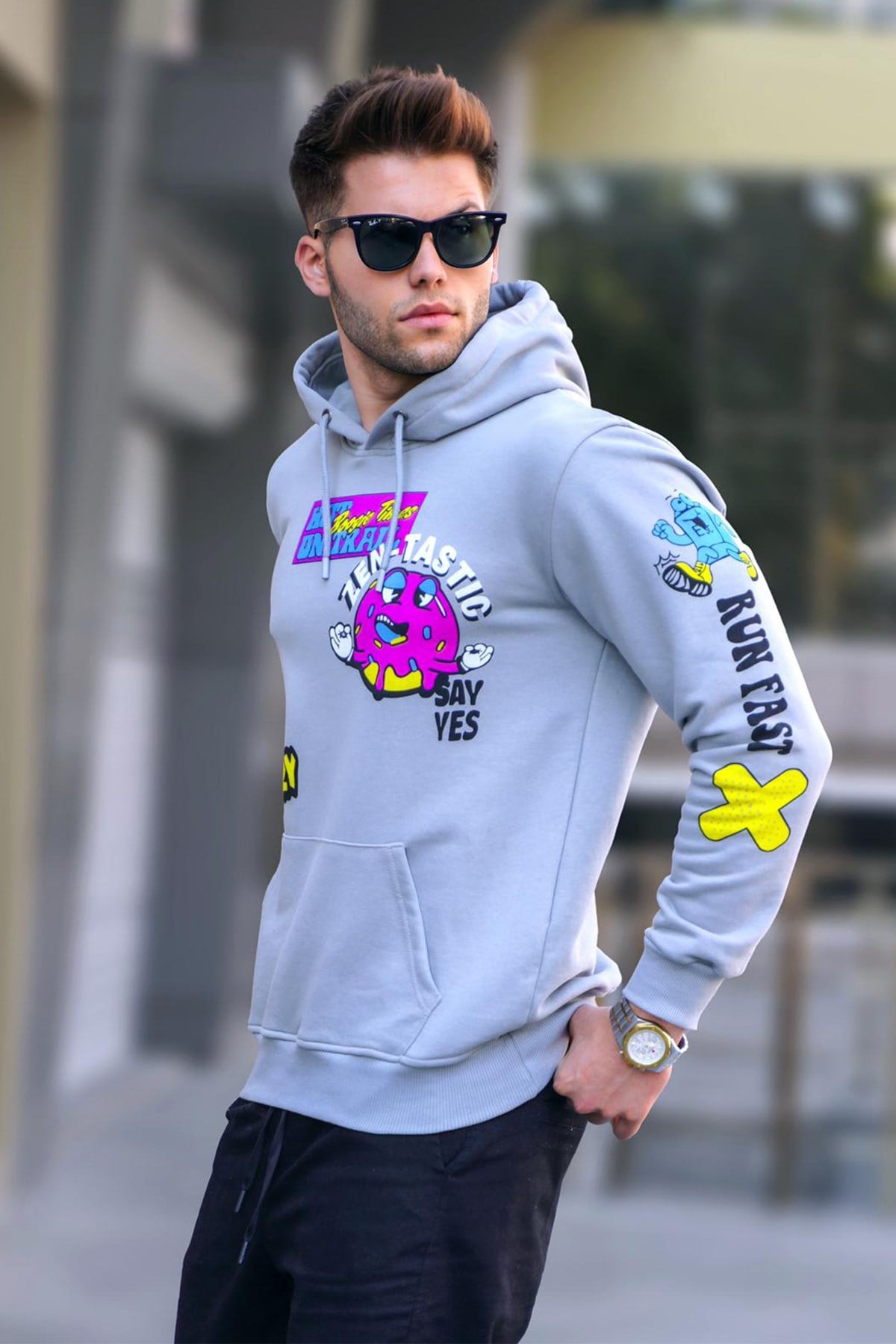 Boyalı Gri Baskılı Kapüşonlu Sweatshirt 5896