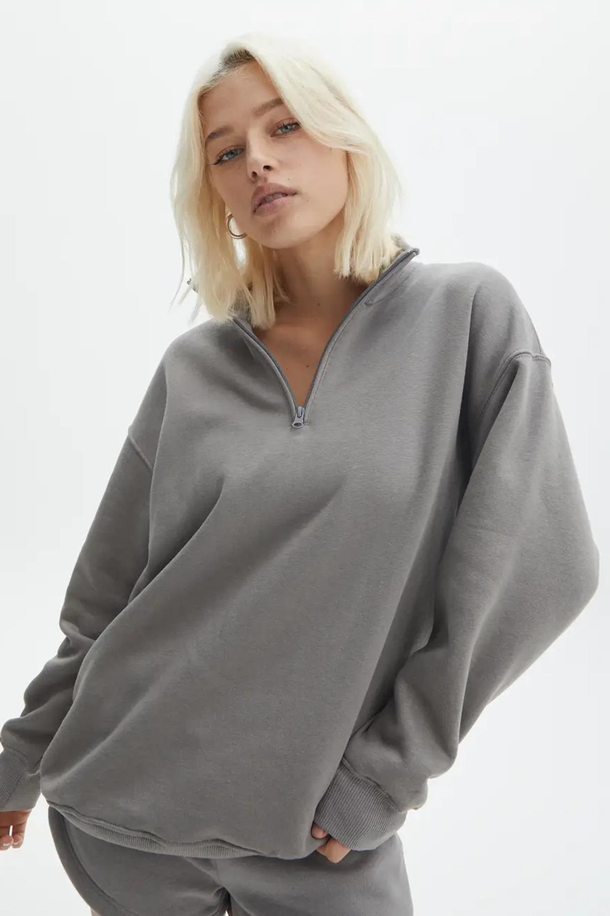 Boyalı Gri Fermuar Detaylı Oversize Sweatshirt MG1933