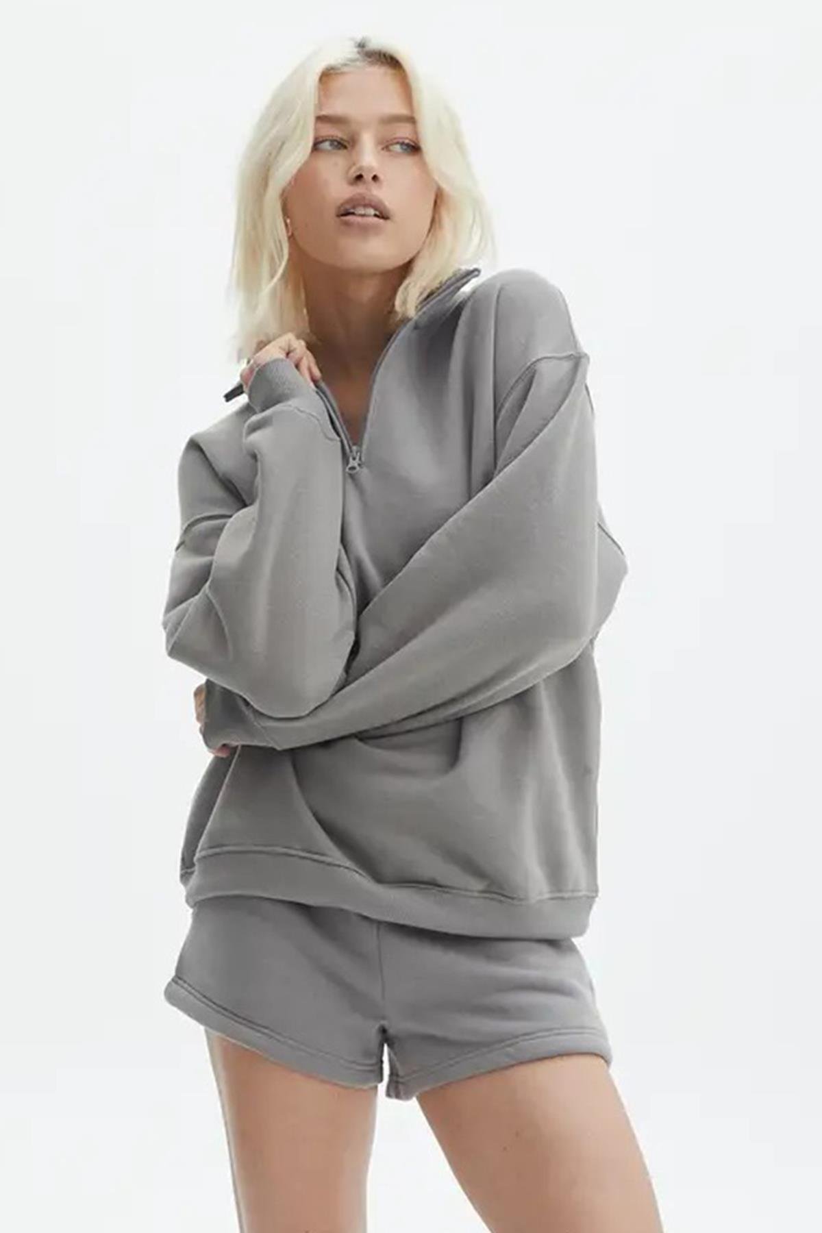Boyalı Gri Fermuar Detaylı Oversize Sweatshirt MG1933