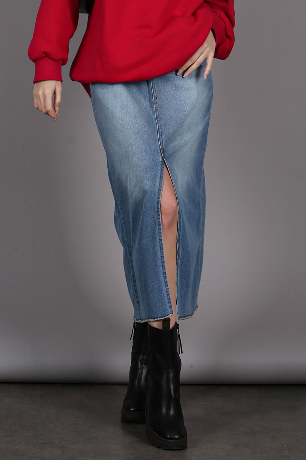 Buz Mavisi Yırtmaçlı Basic Kot Etek MG1558