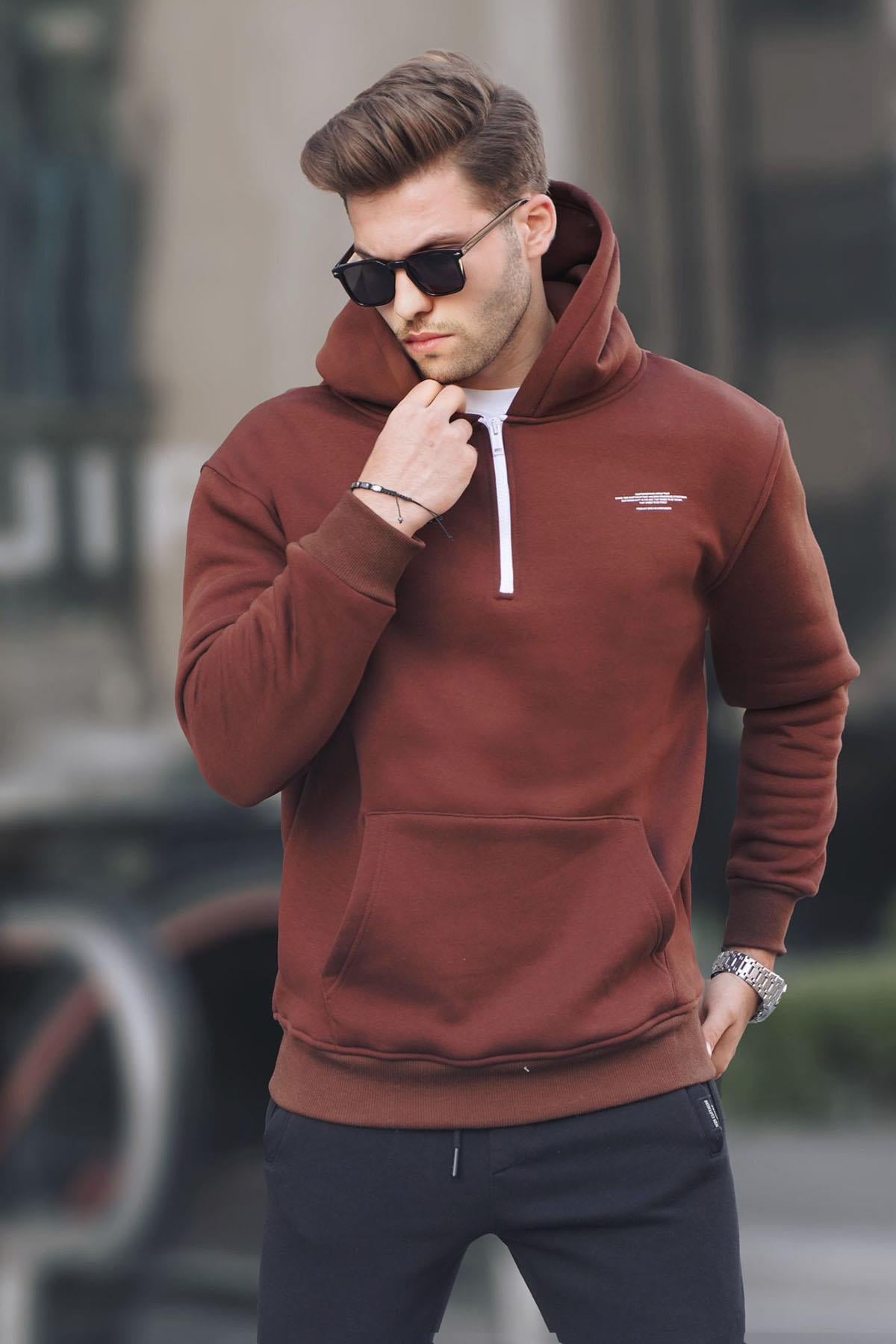 Çikolata Fermuarlı Kapüşonlu Sweatshirt 6143