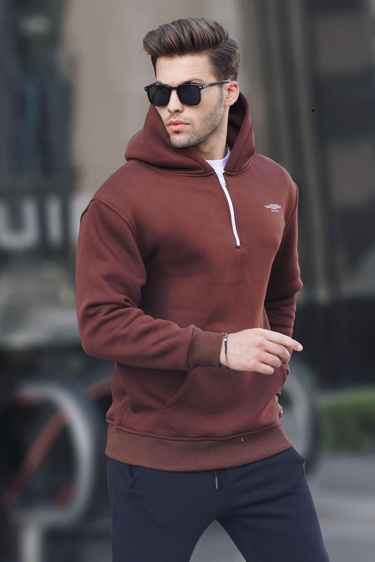 Çikolata Fermuarlı Kapüşonlu Sweatshirt 6143