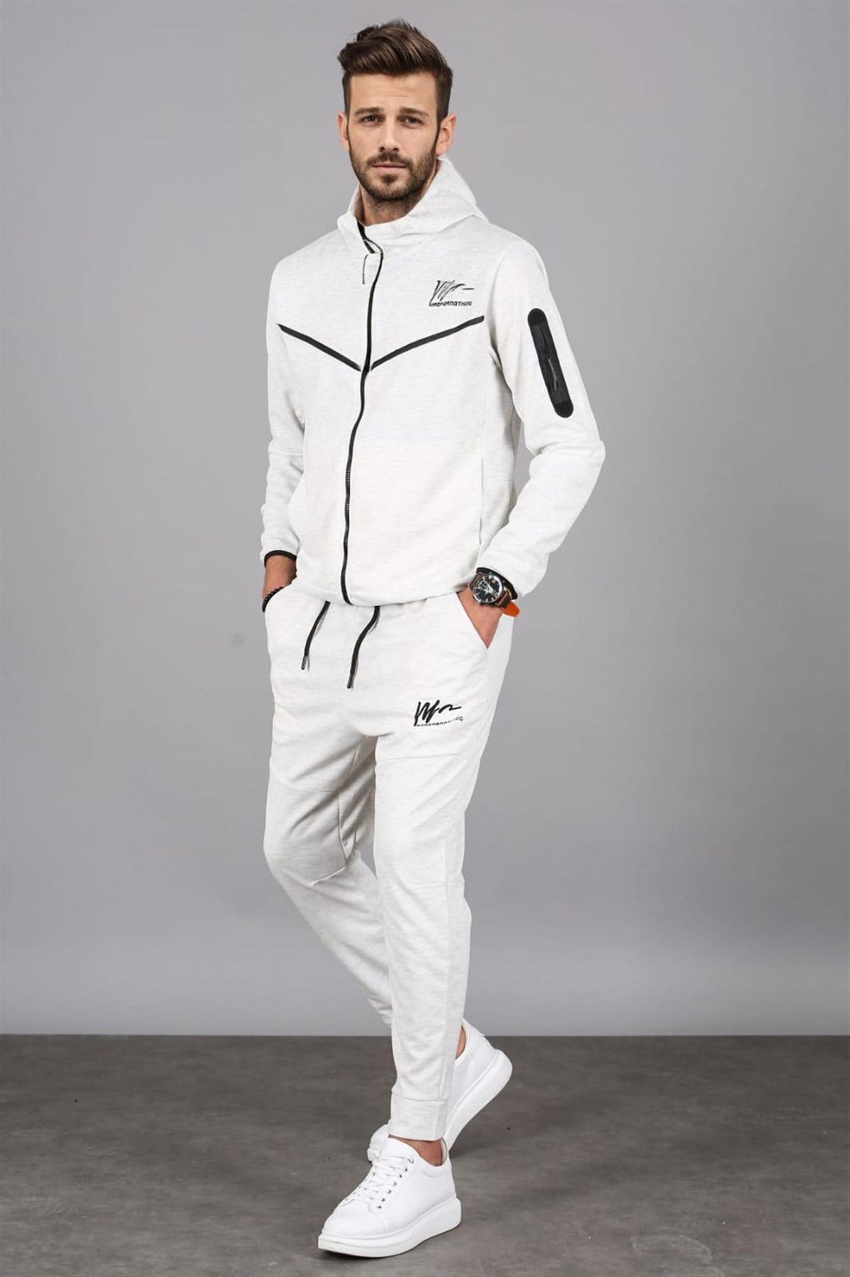 Ekru Kapüşonlu Jogger Erkek Eşofman Takımı 5673