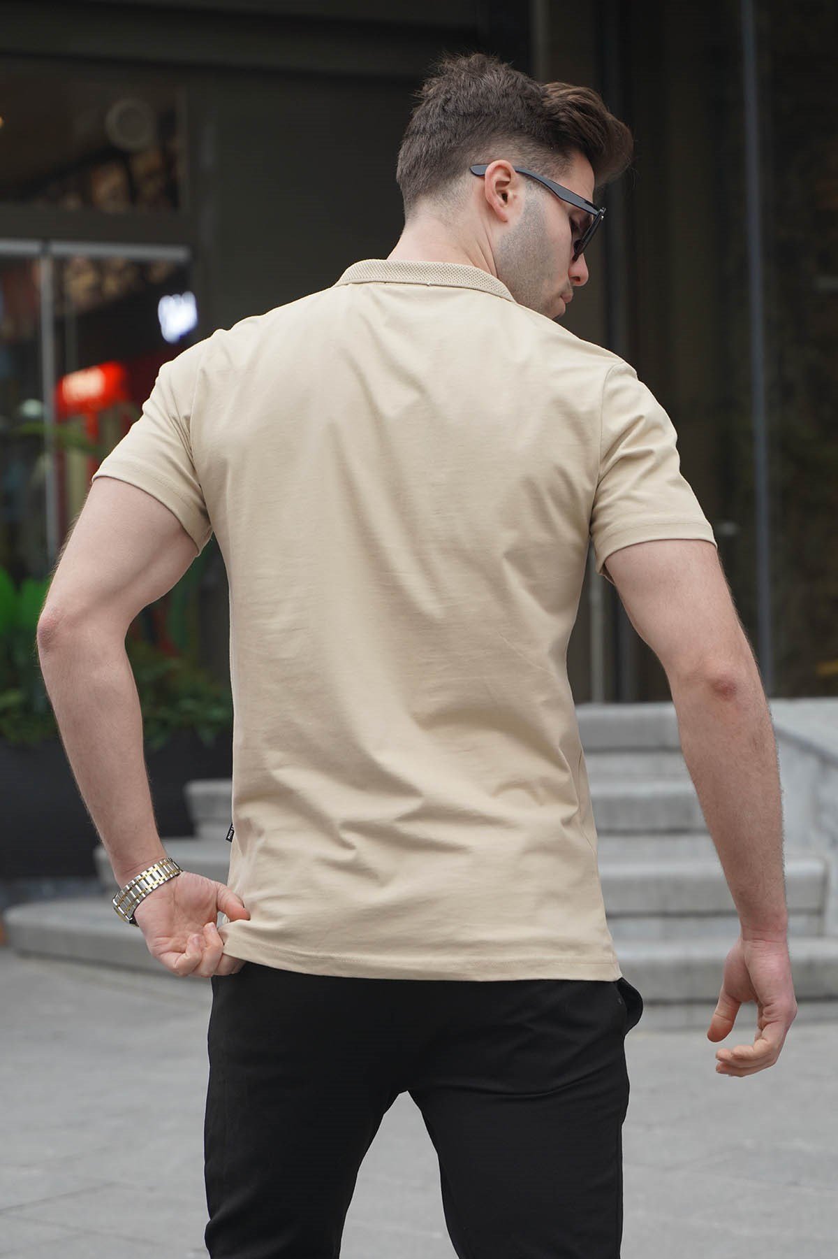 Erkek Bej Basic Fermuarlı Polo Tişört 6076