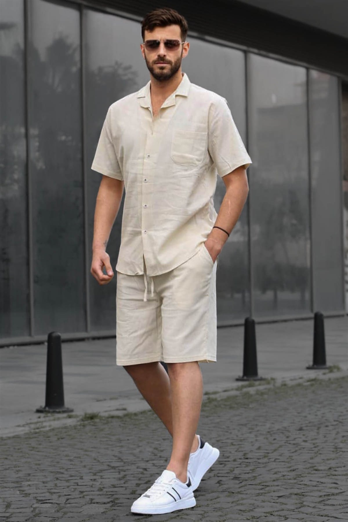 Erkek Bej Basic Oversize Gömlek Takımı 5588