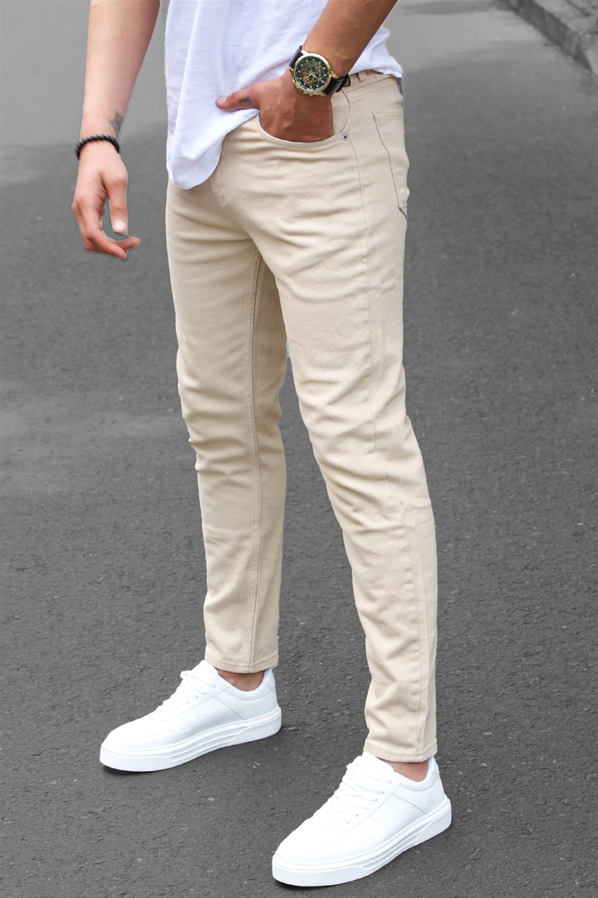 Erkek Bej Kanvas Slim Fit Pantolon