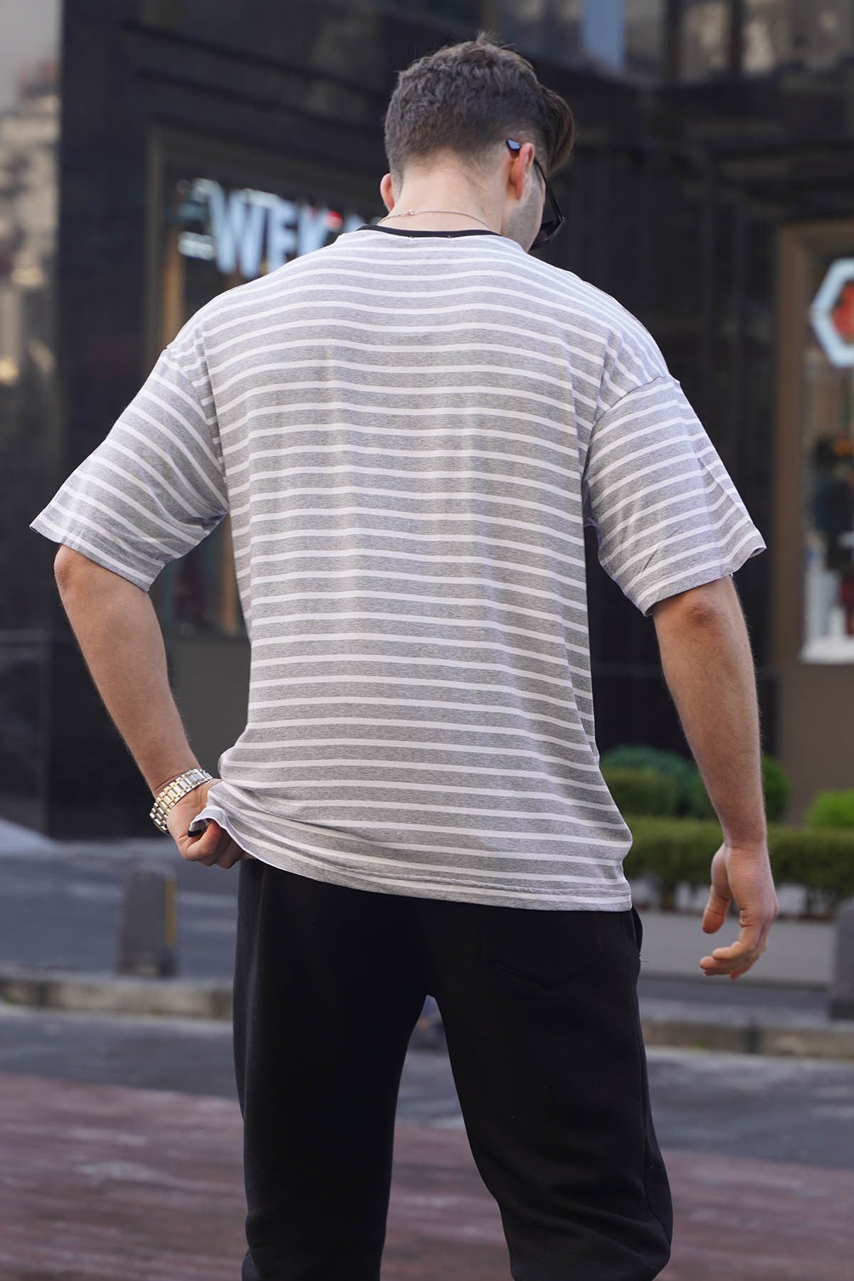 Erkek Gri Çizgili Basic Tişört 6084