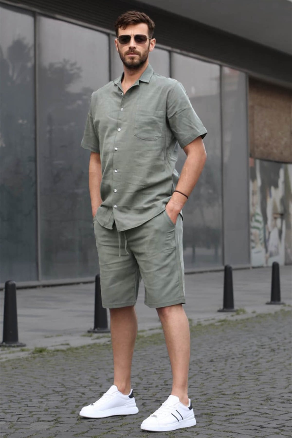 Erkek Haki Basic Oversize Gömlek Takımı 5588