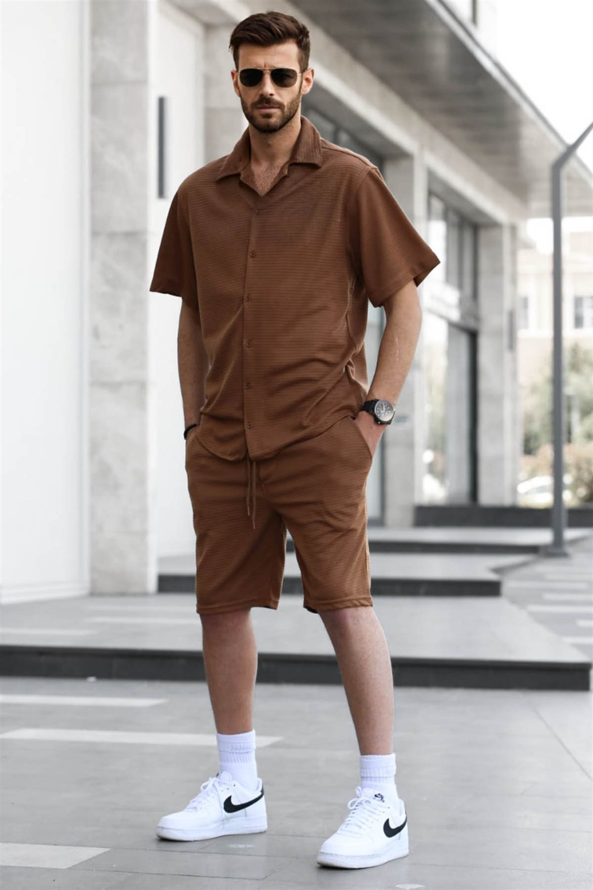 Men Basic Brown Oversize Shorts Set 5546