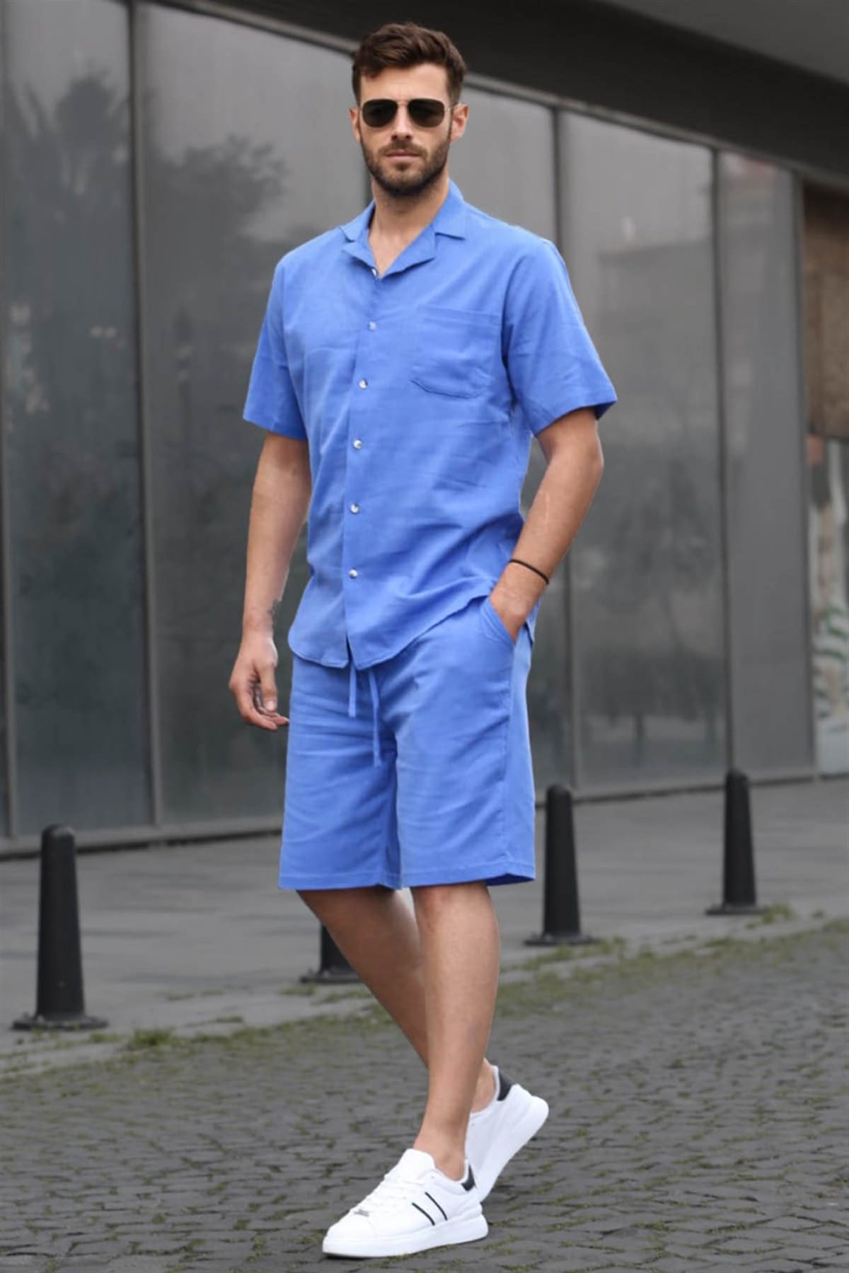 Erkek Mavi Basic Oversize Gömlek Takımı 5588