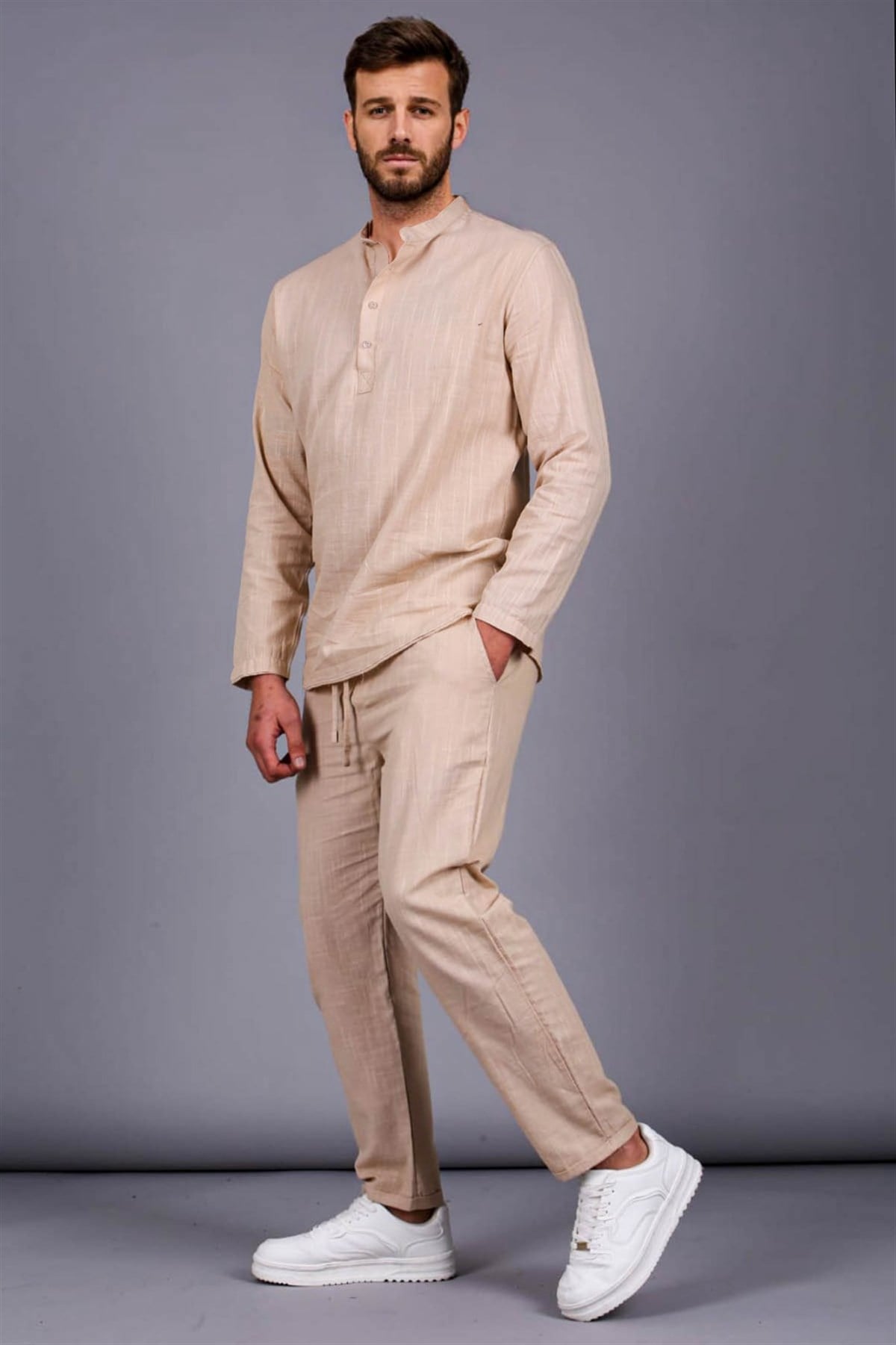 Erkek Vizon Keten Relaxed Fit Gömlek Pantolon Takımı 6365