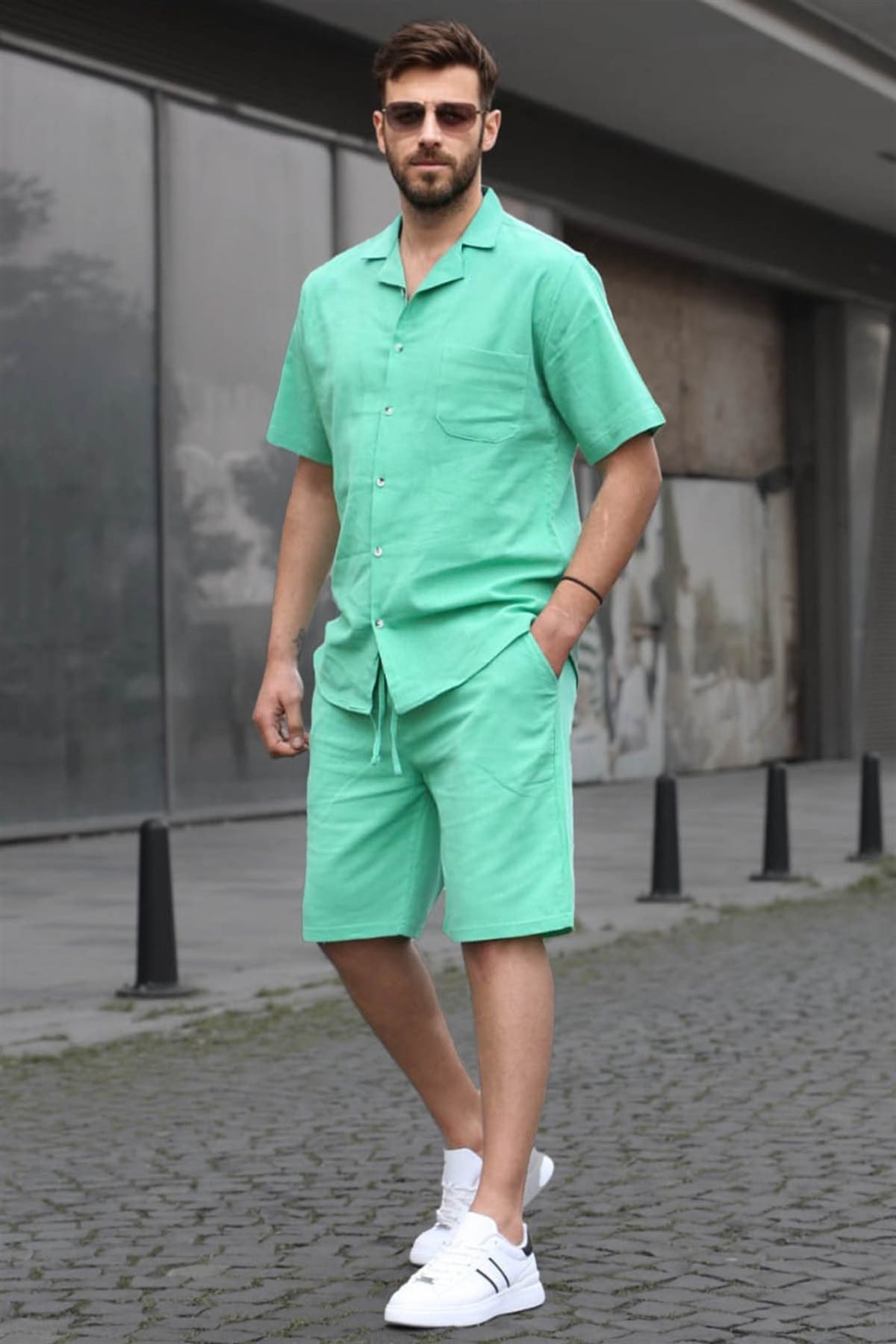 Erkek Yeşil Basic Oversize Gömlek Takımı 5588