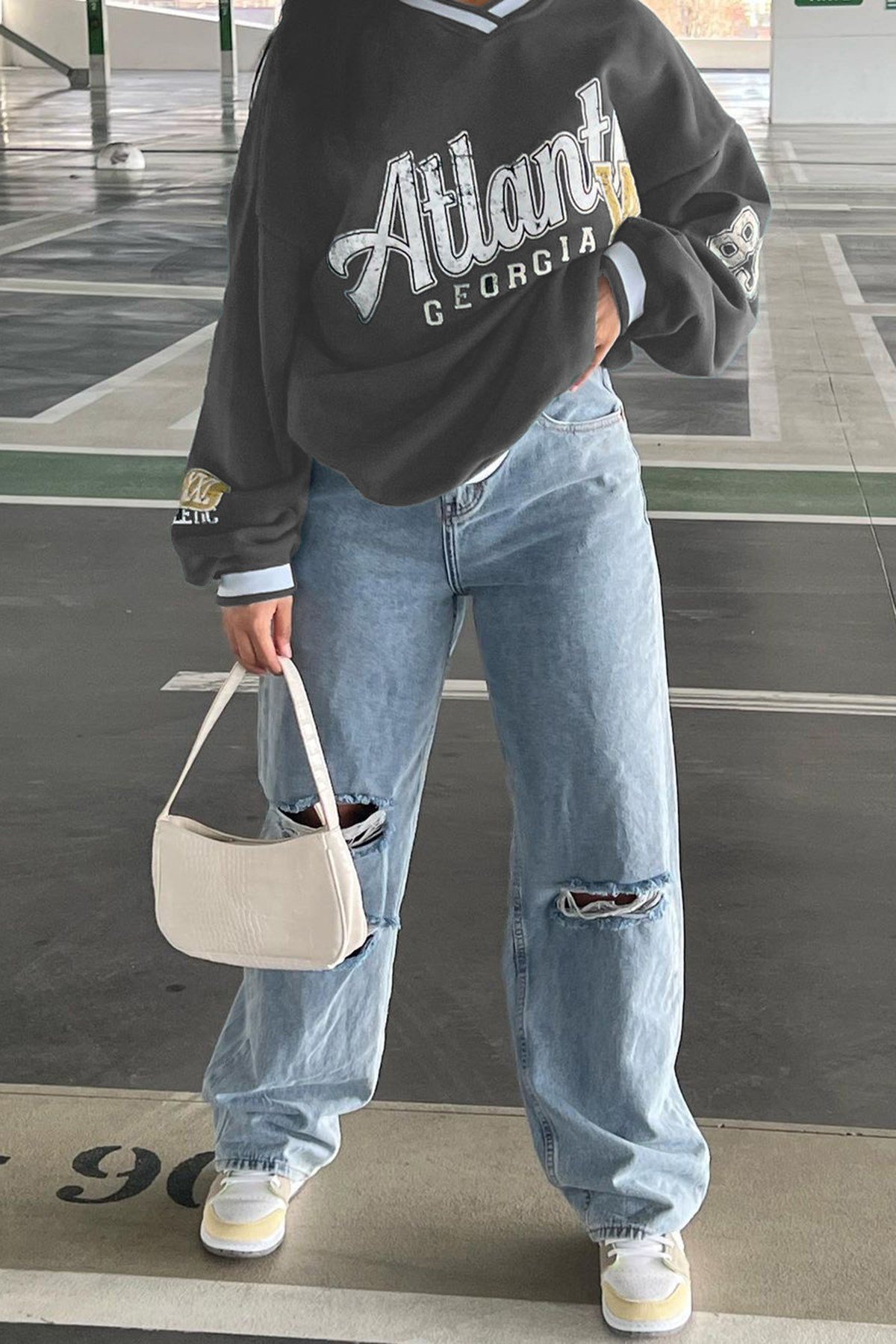 Füme Baskılı V Yaka Sweatshirt MG1576