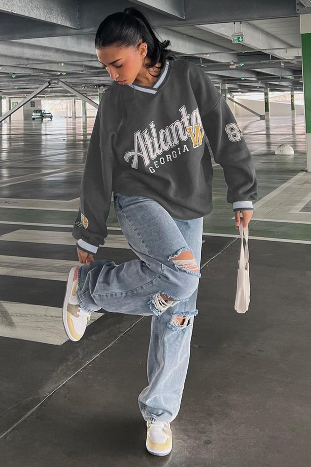 Füme Baskılı V Yaka Sweatshirt MG1576