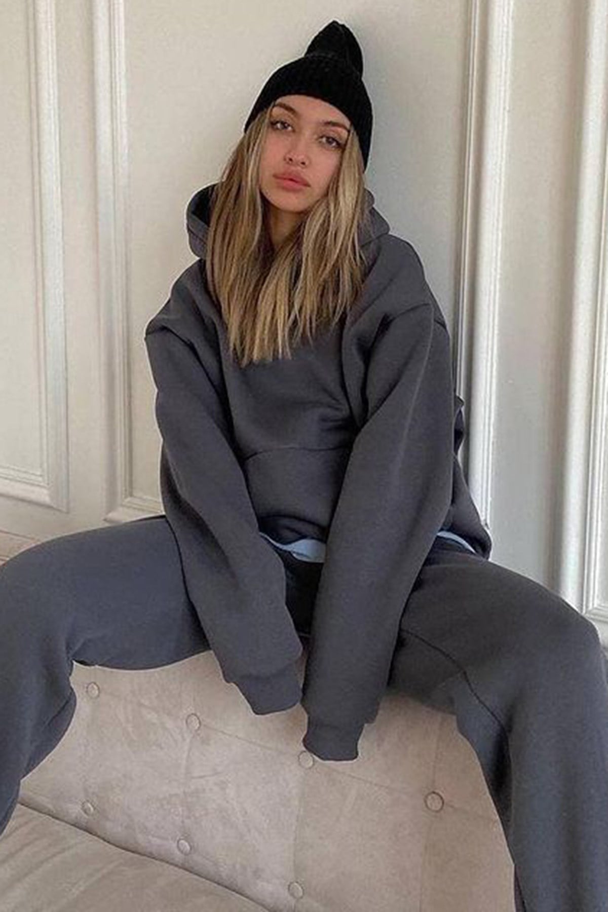 Füme Kapüşonlu Oversize Kadın Eşofman Takımı MG1609