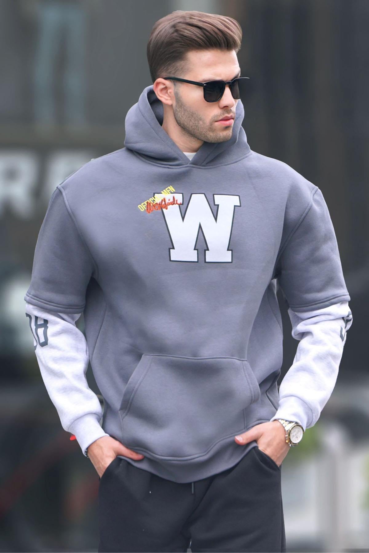 Füme Nakışlı Kapüşonlu Sweatshirt 6141