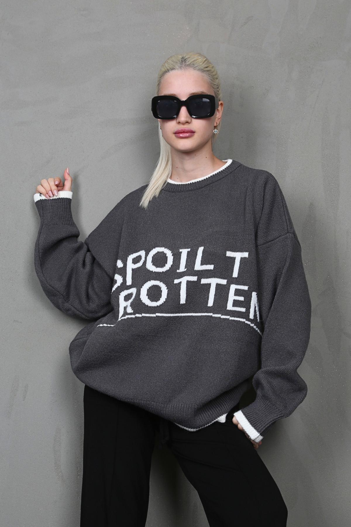 Füme Yazılı Oversize Bisiklet Yaka  Kadın Kazak MG1596