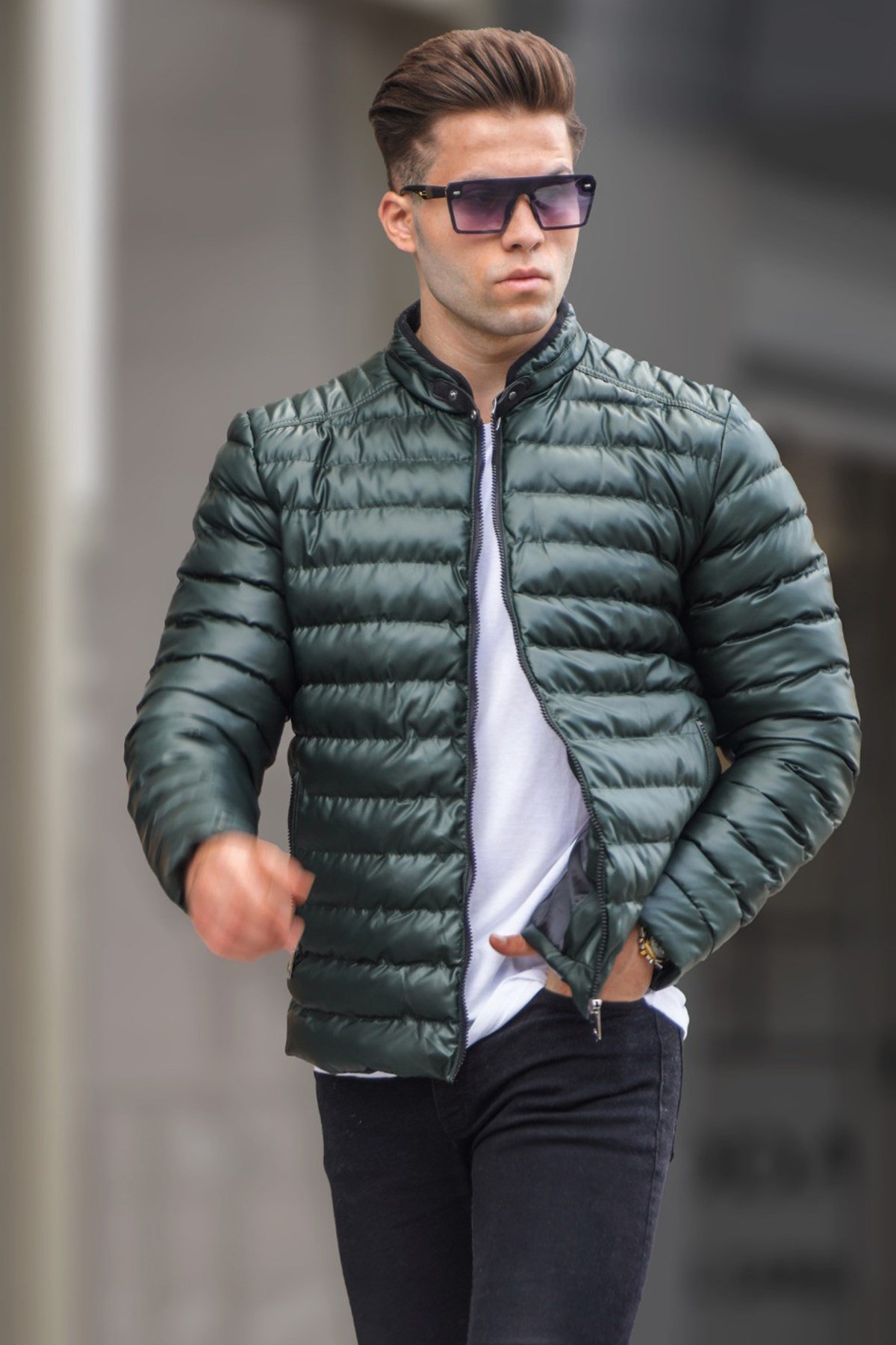 Khaki Green Basic Leather Jacket -- Madmext