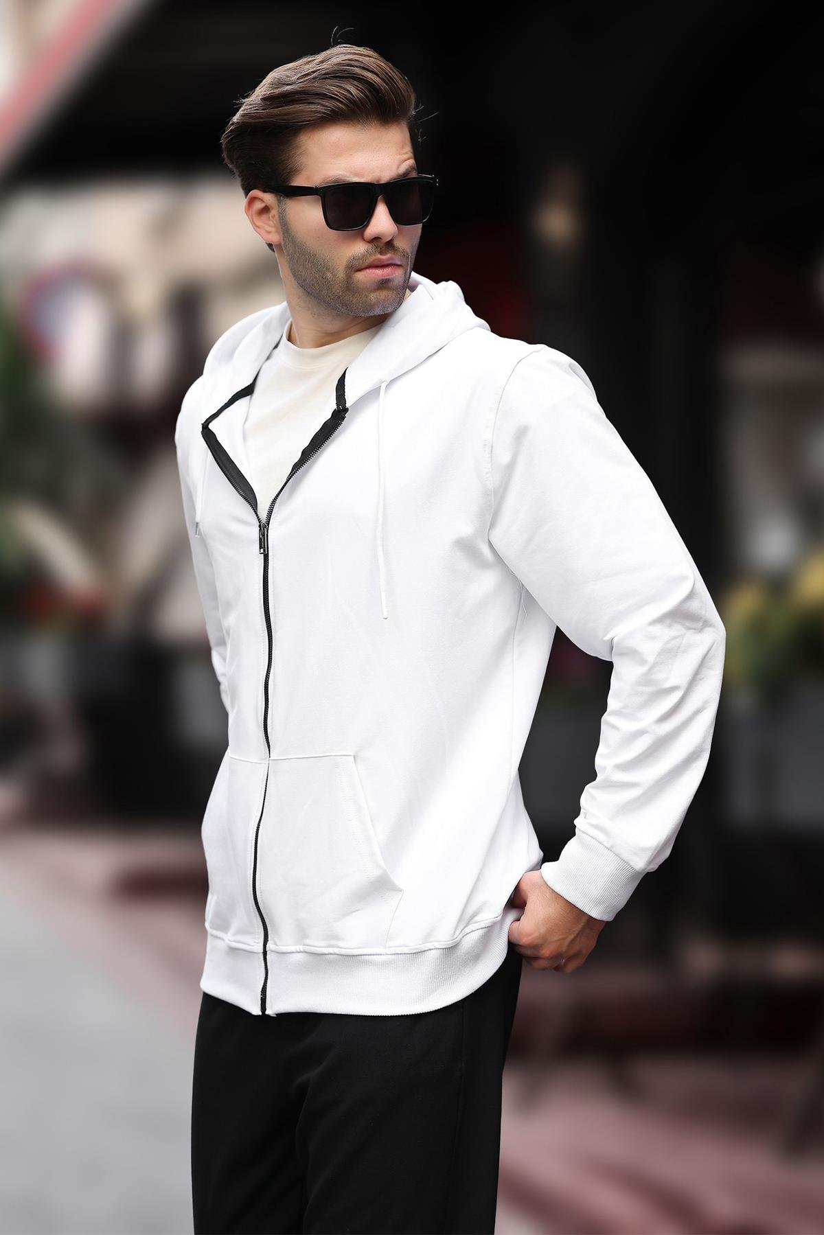 Beyaz Kapüşonlu Düz Fermuarlı Erkek Hırka 7070 - Madmext