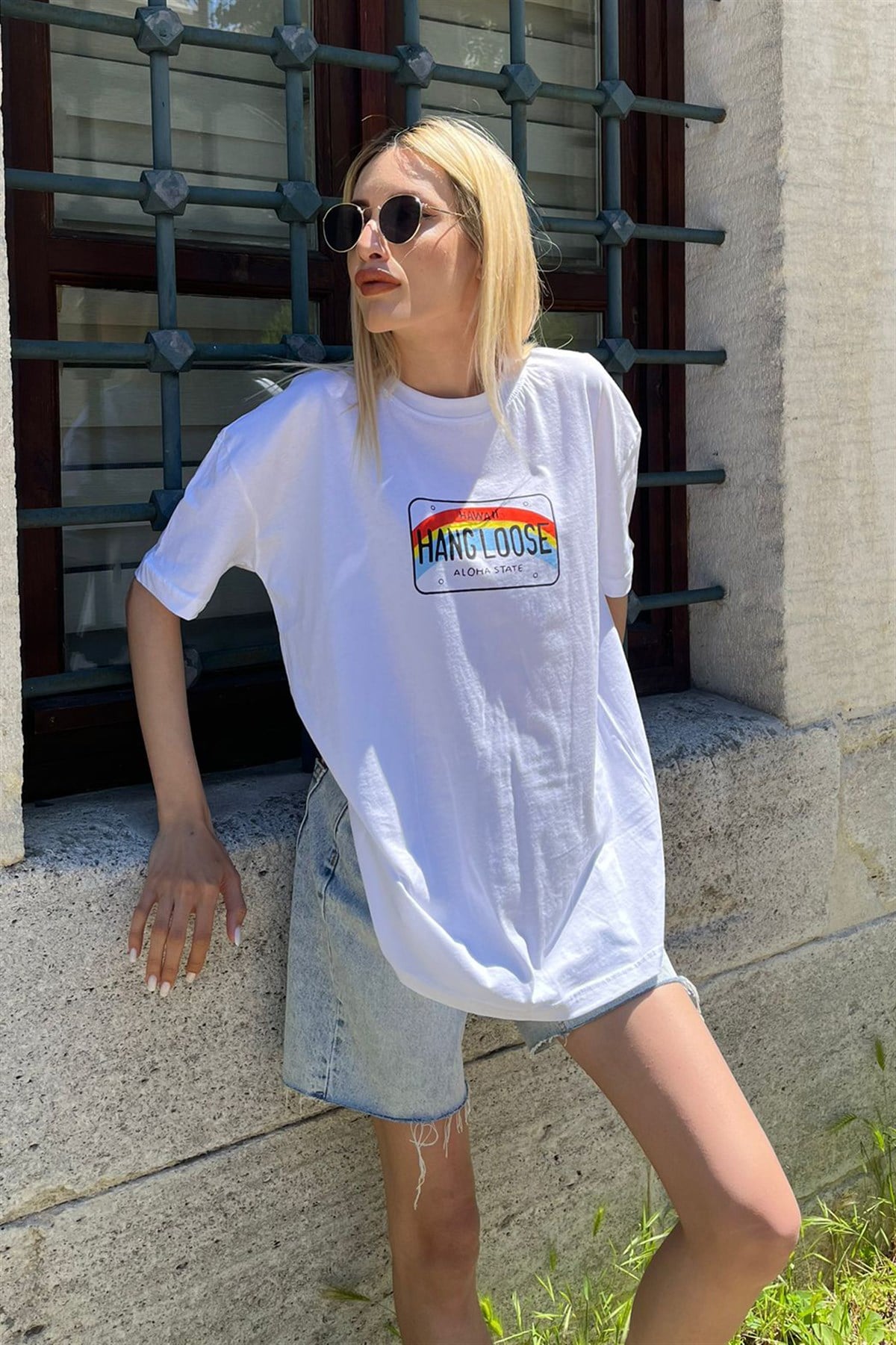 Kadın Beyaz Baskılı Oversize T-shirt MG808