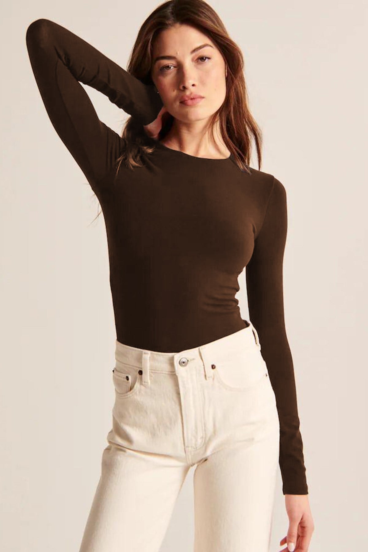 Kahverengi Bisiklet Yaka Basic Uzun Kollu Bodysuit MG1693