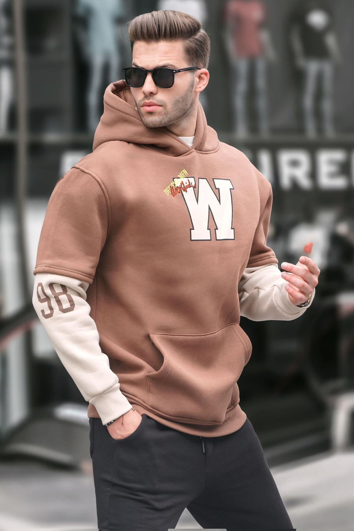 Kahverengi Nakışlı Kapüşonlu Sweatshirt 6141