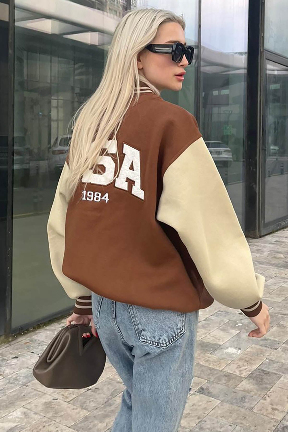 Kahverengi Nakışlı Oversize Kadın Kolej Ceket MG1595