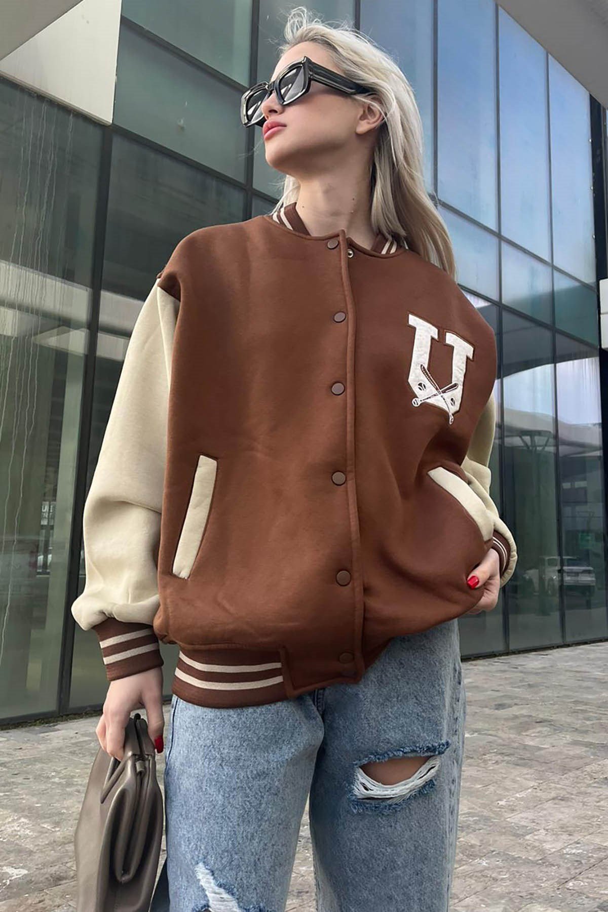 Kahverengi Nakışlı Oversize Kadın Kolej Ceket MG1595